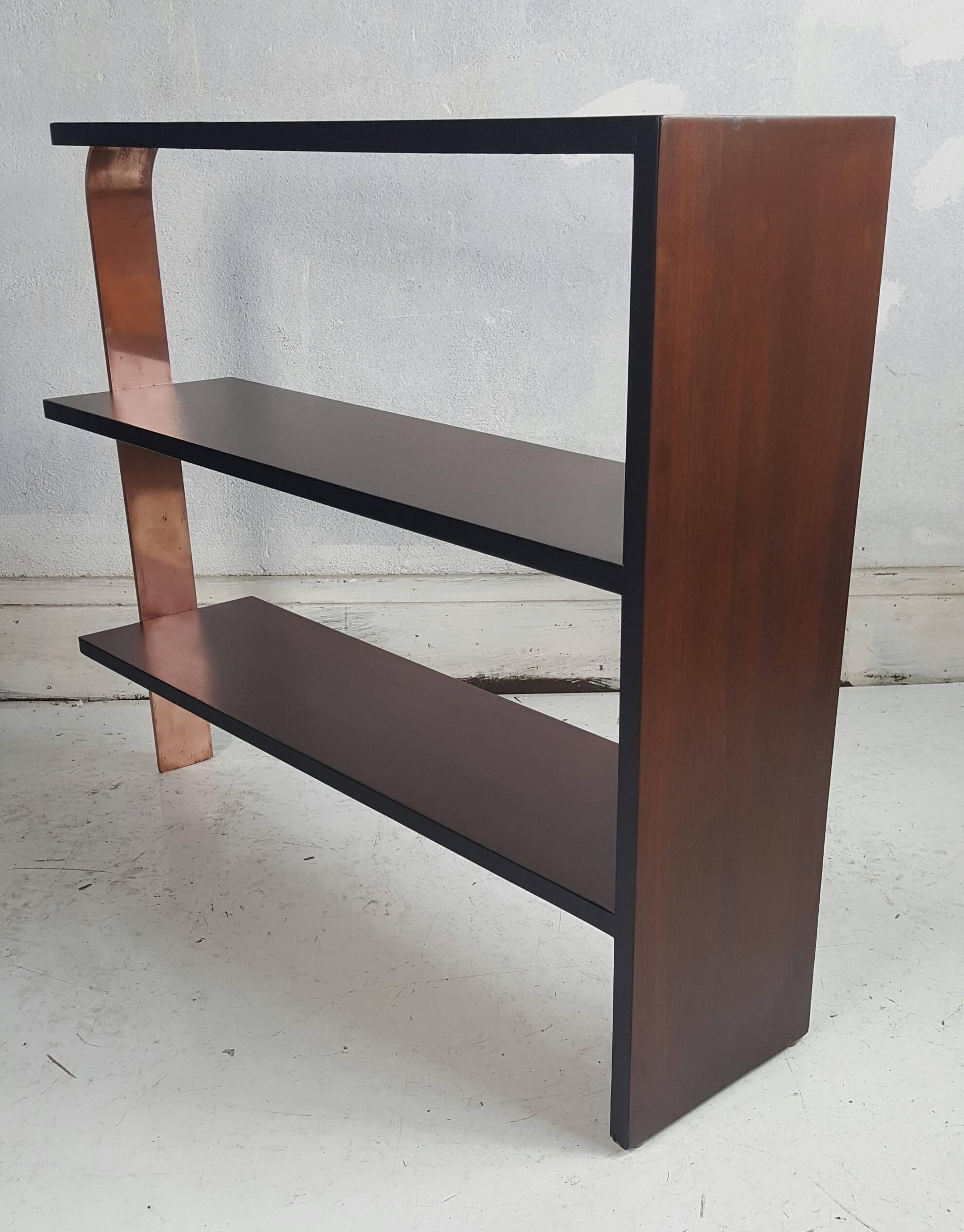 American Art Deco Streamline Table/Shelf Walnut, Flat Bar Copper, Manner of Gilbert Rohde