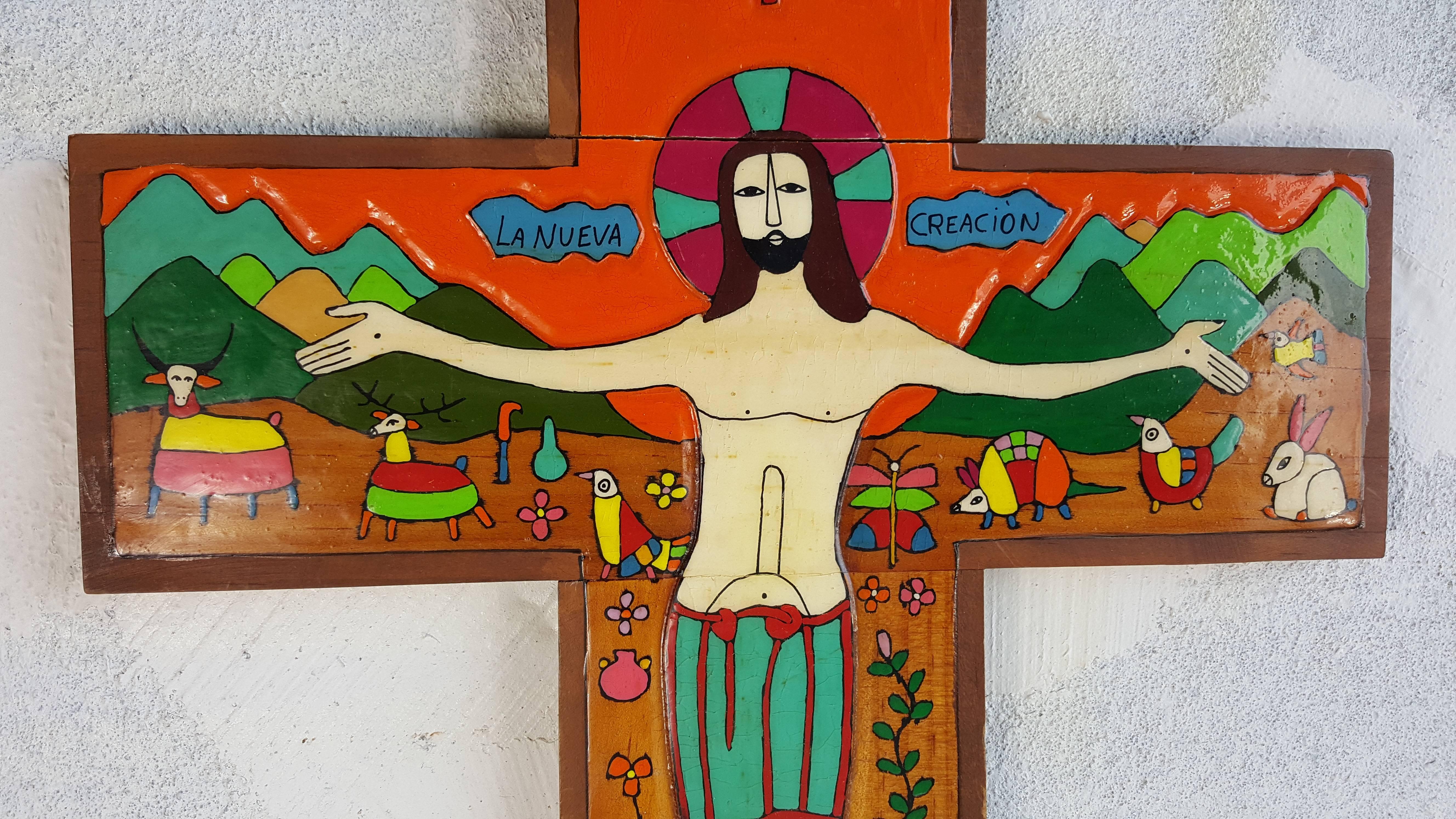 Modernist Folk Art enamel painted crusifix, Spanish, whimsical, playful painted sceans, Jesus, 12 apostles, animals and houses. Quite charming