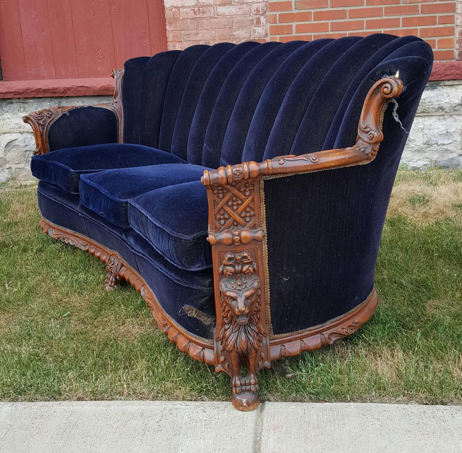 1930s Mohair and Carved Wood Sofa, Carved Lion Motif at 1stdibs
