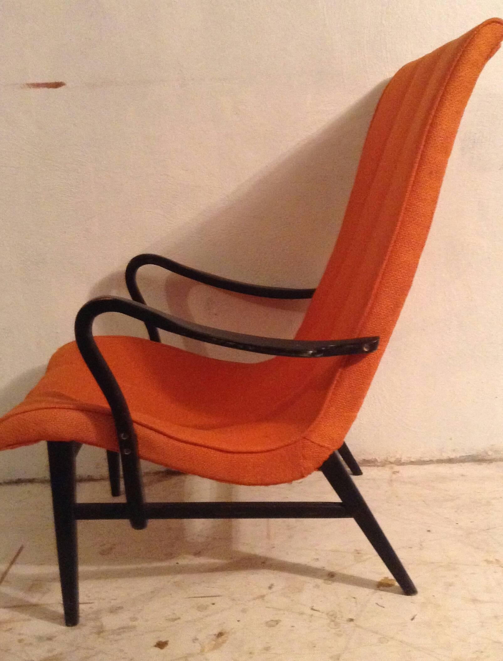 Modernist high back lounge chair, made in Japan, in the manner of Bruno Mathsson. Recently acquired from a gentleman who originally purchased chair in Japan. Retains original tangerine orange wool fabric, minor wear to front corners, also retains