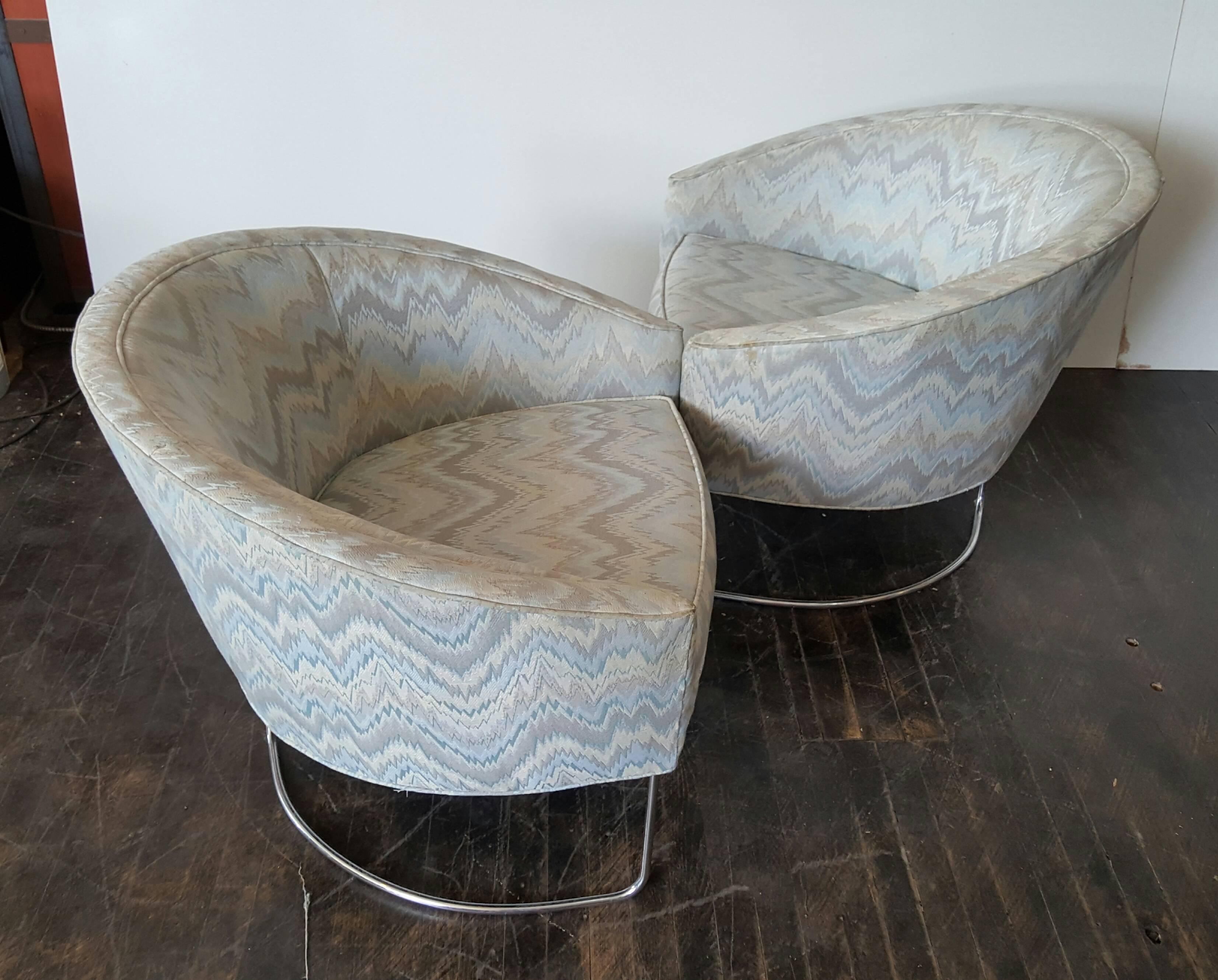 Mid-Century Modern Classic Pair Tub Chairs, Chrome and Fabric by Milo Baughman