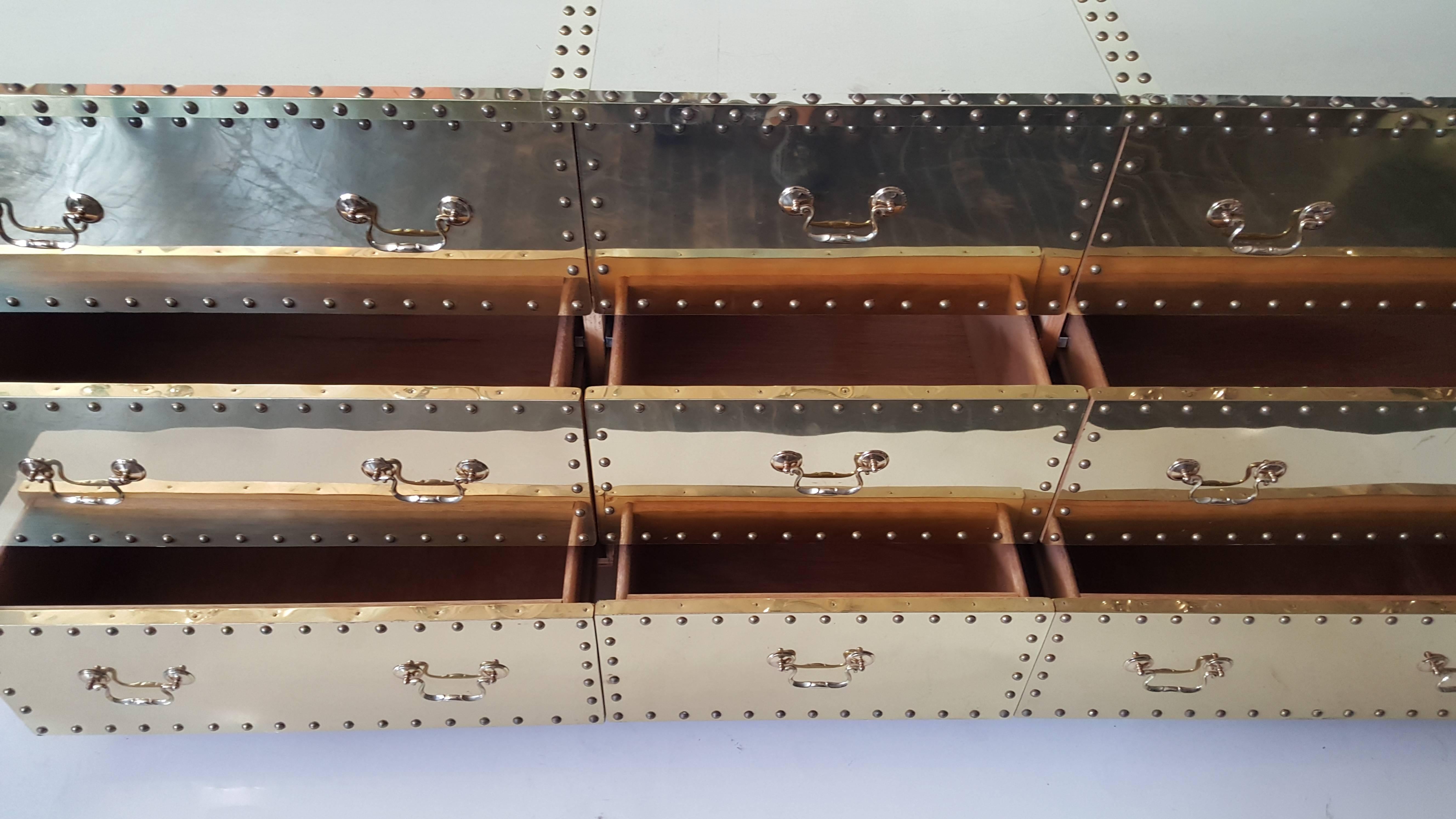 Polished Regency Industrial Nine-Drawer Riveted Brass Dresser by Sarreid