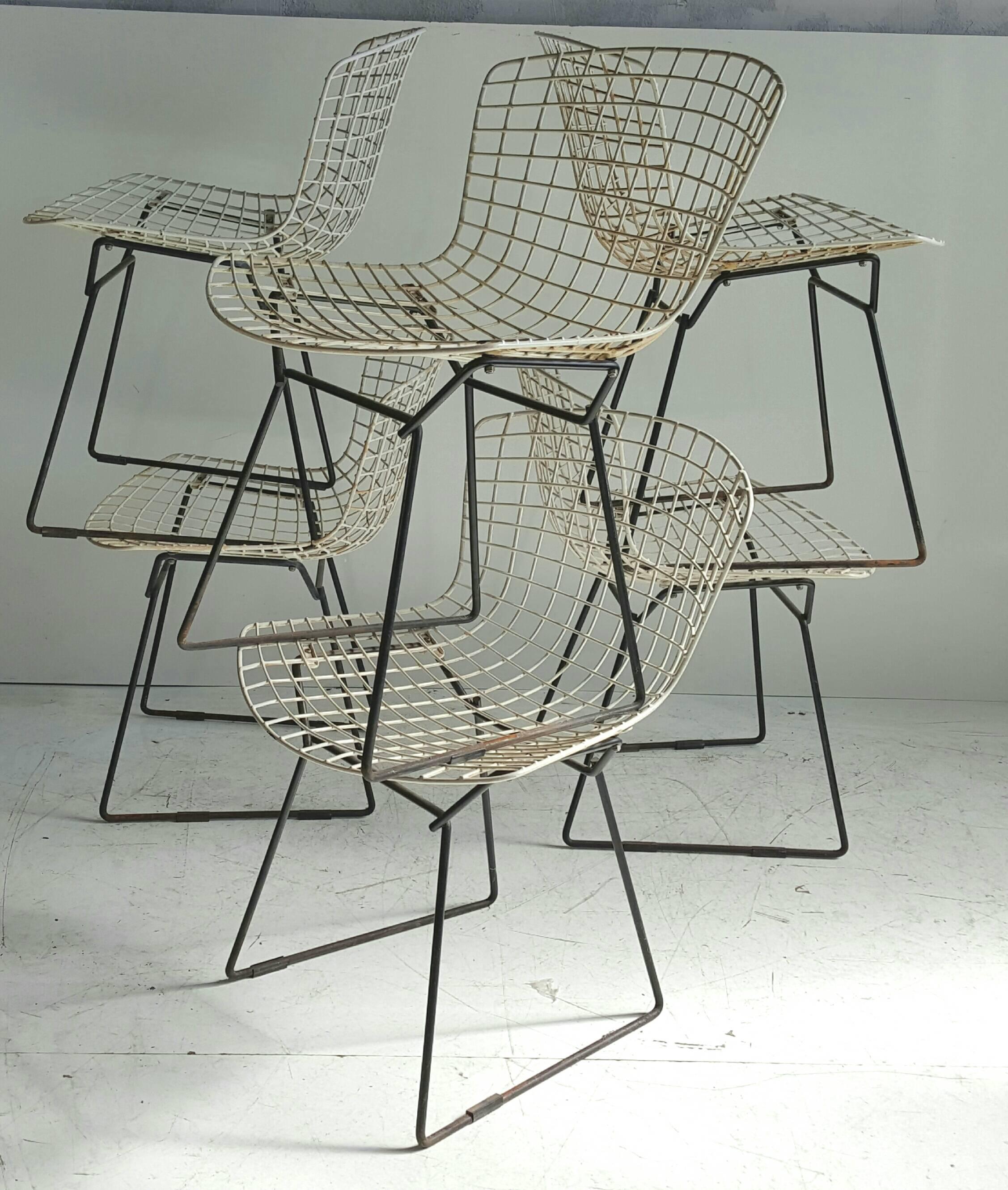 Classic modernist wire Bertoia six side chairs Harry Bertoia for Knoll. Outdoor coated version.