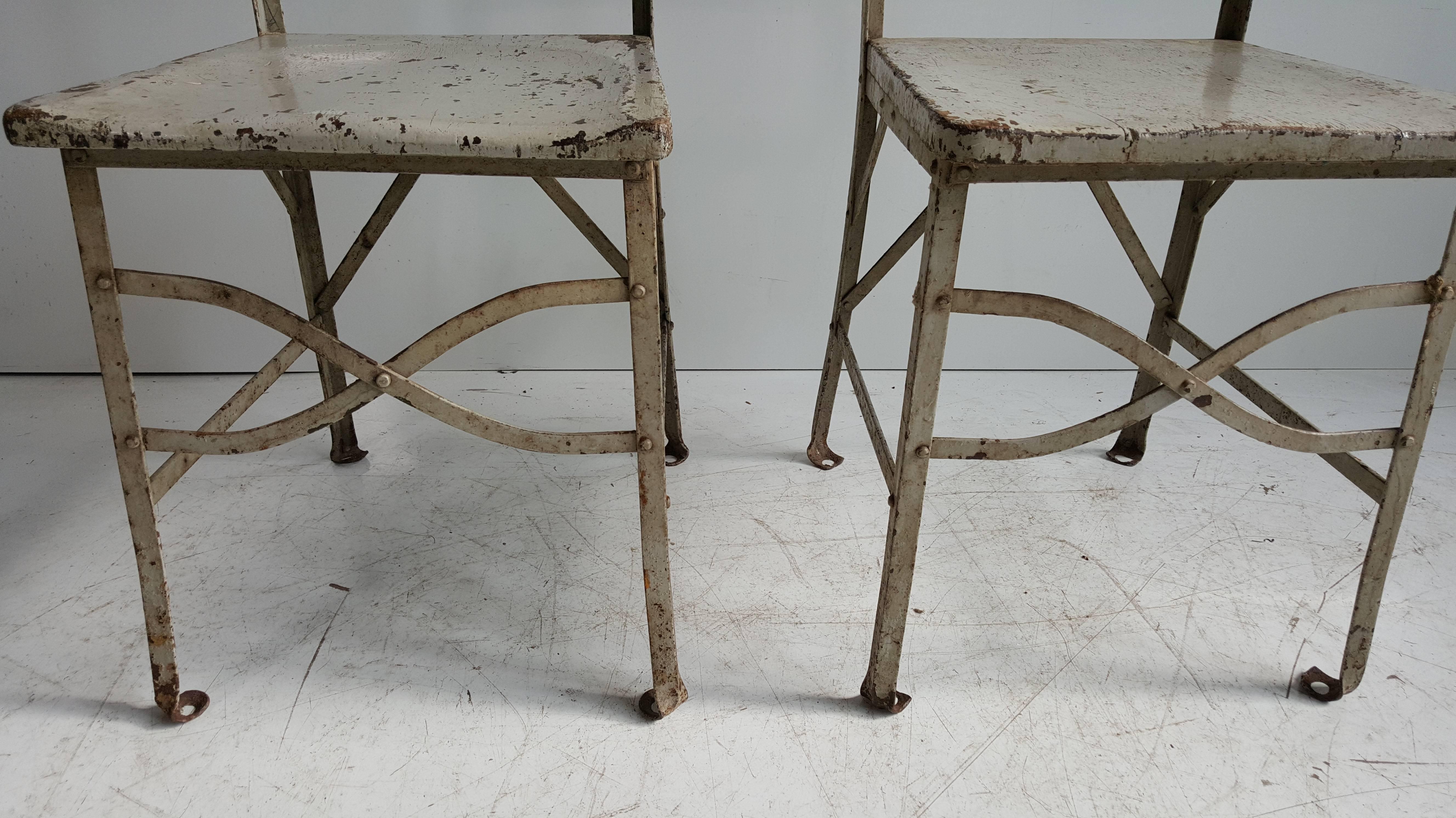 Painted Pair of American Modernist Industrial Chairs, Old Factory Grey Paint, Toledo