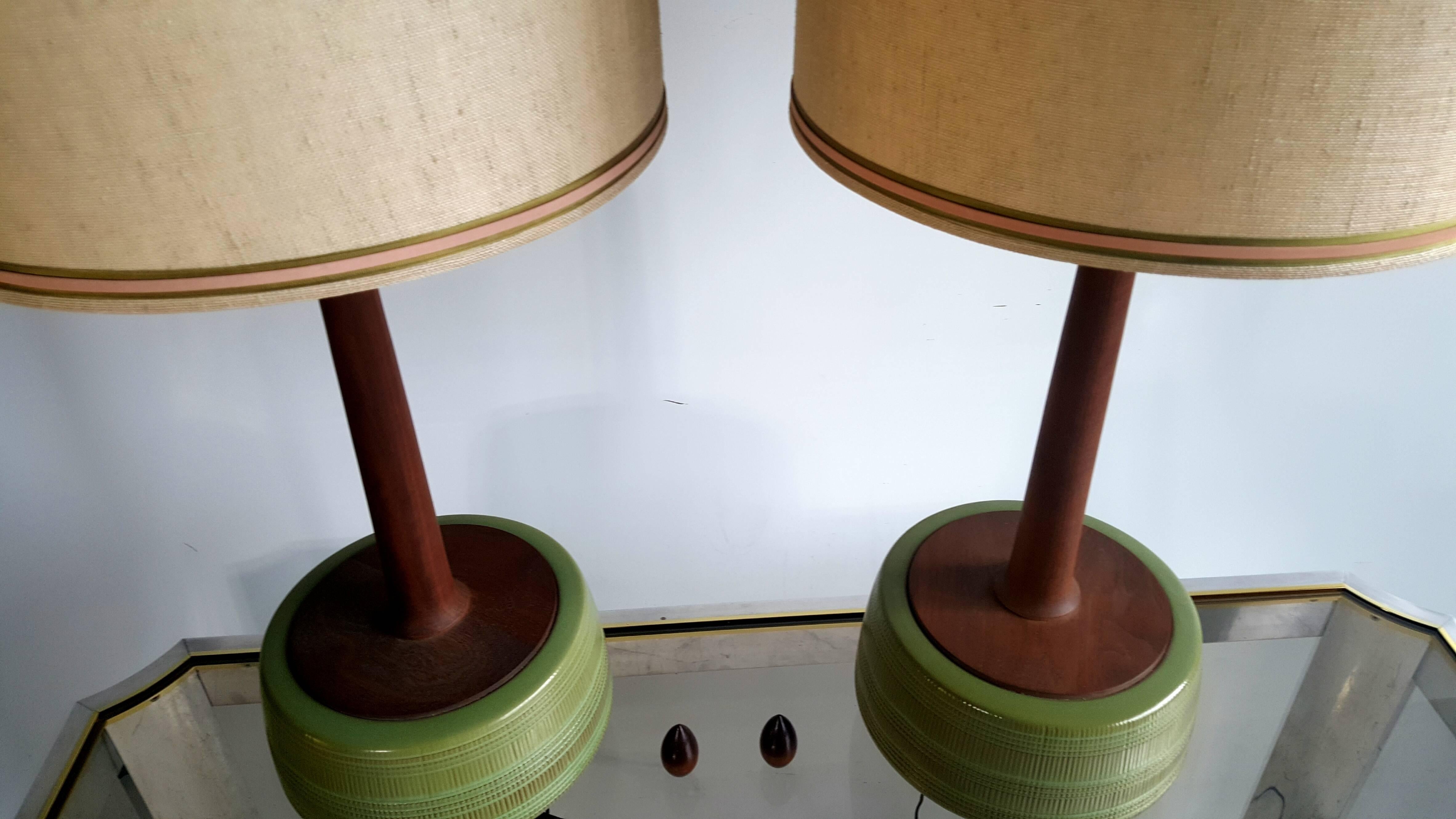 Ceramic Pair of Danish Modern Pottery and Teak Table Lamps
