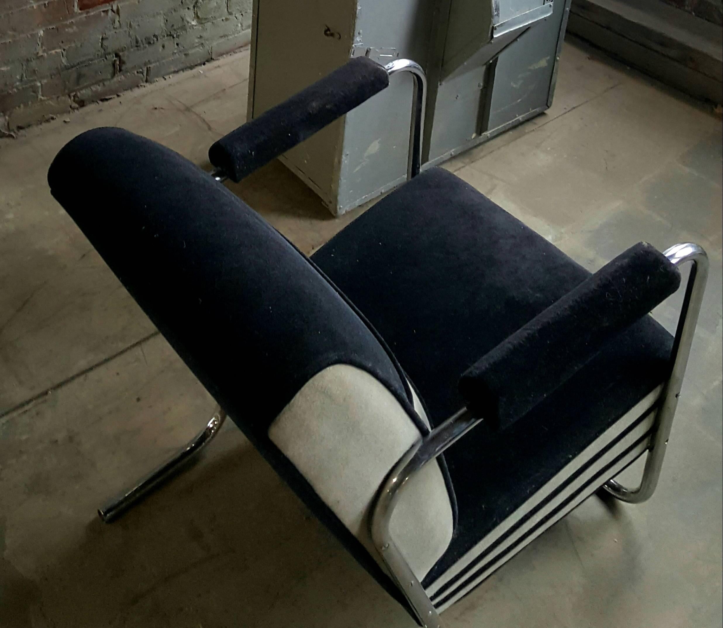 Machine Age, Art Deco two-tone mohair and chrome lounge chair. Extremely comfortable, unusual form, double loop chrome legs, retains original two tone mohair fabric.