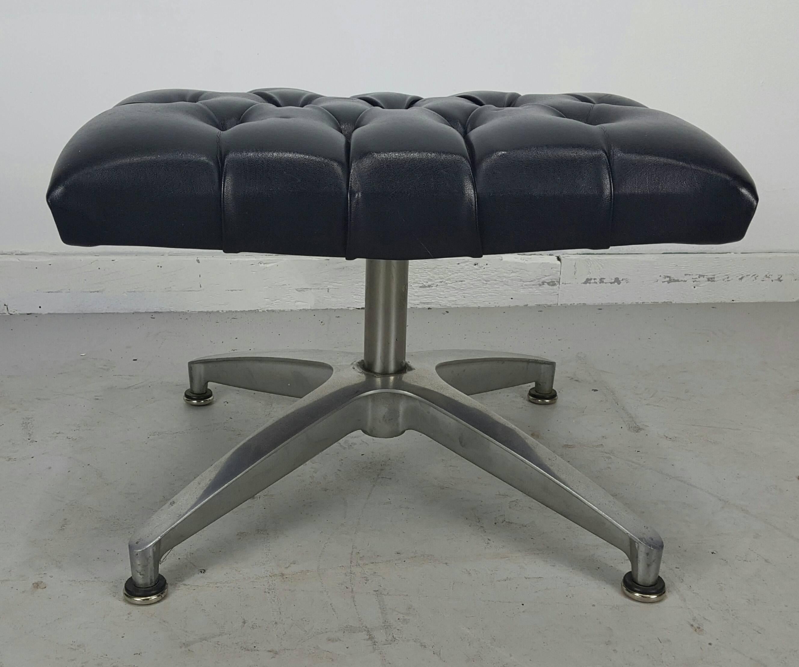 Classic modernist 'Space Age’ button tufted ottoman, cast aluminium base, manufactured by Murphy-Miller Inc.