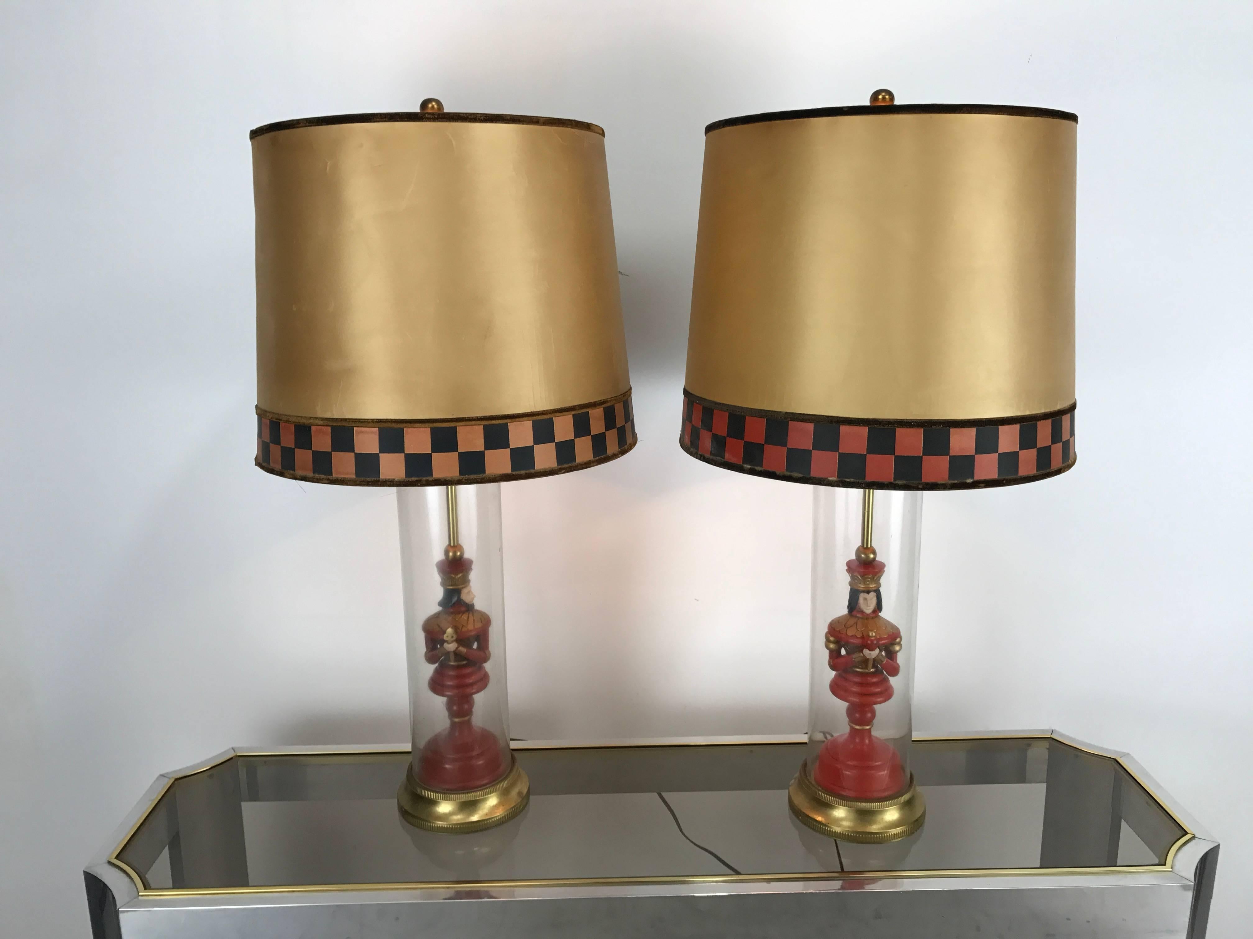 Italian Most Unusual Pair of Whimsical Chess Piece under Glass Table Lamps