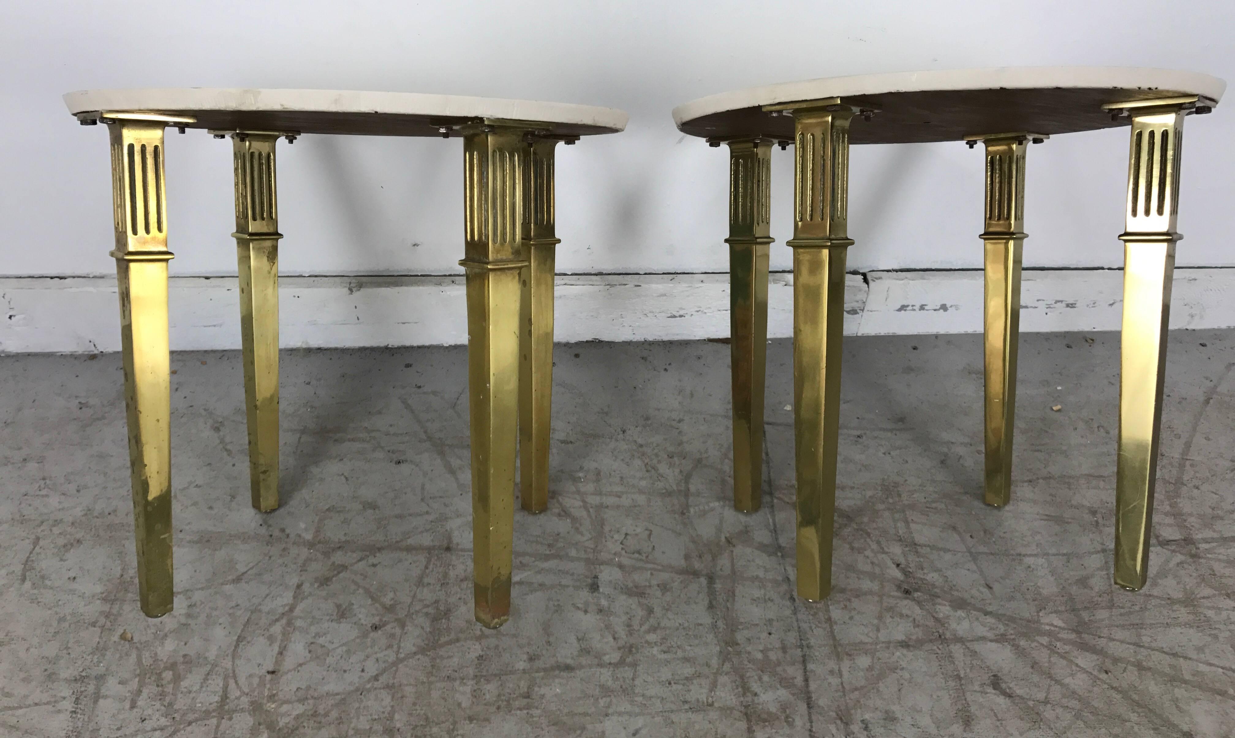 Polished Pair Regency Marble and Brass Italian Tables Attributed to Mastercraft For Sale