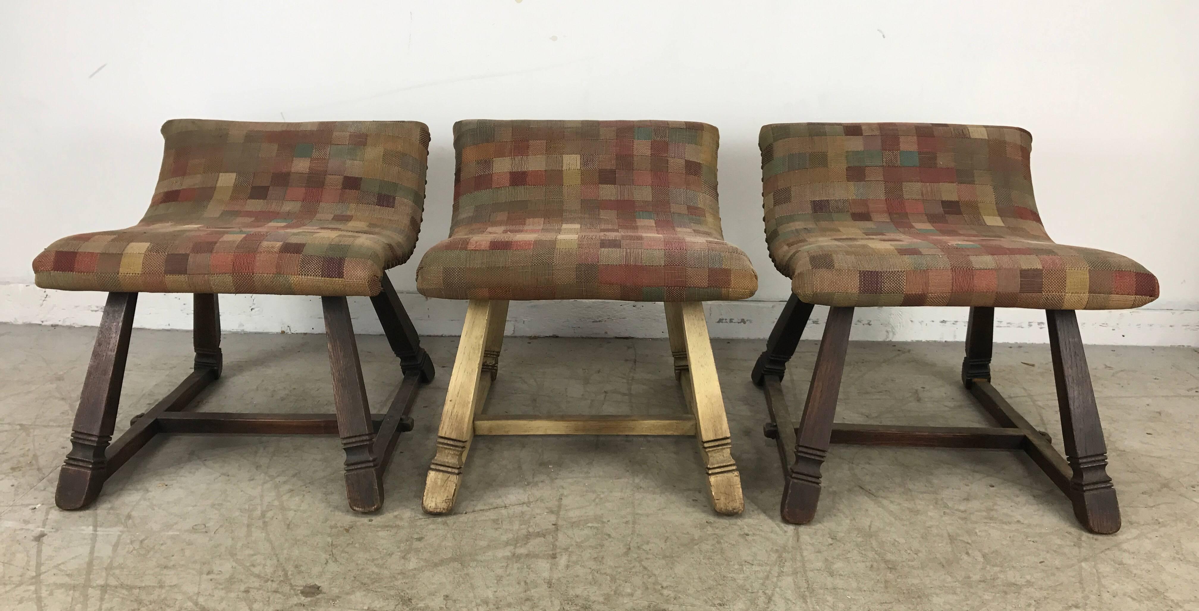 Unusual set of three oak and fabric parlor / fireside stools /benches made by The Romweber Co. Feudal oak 
