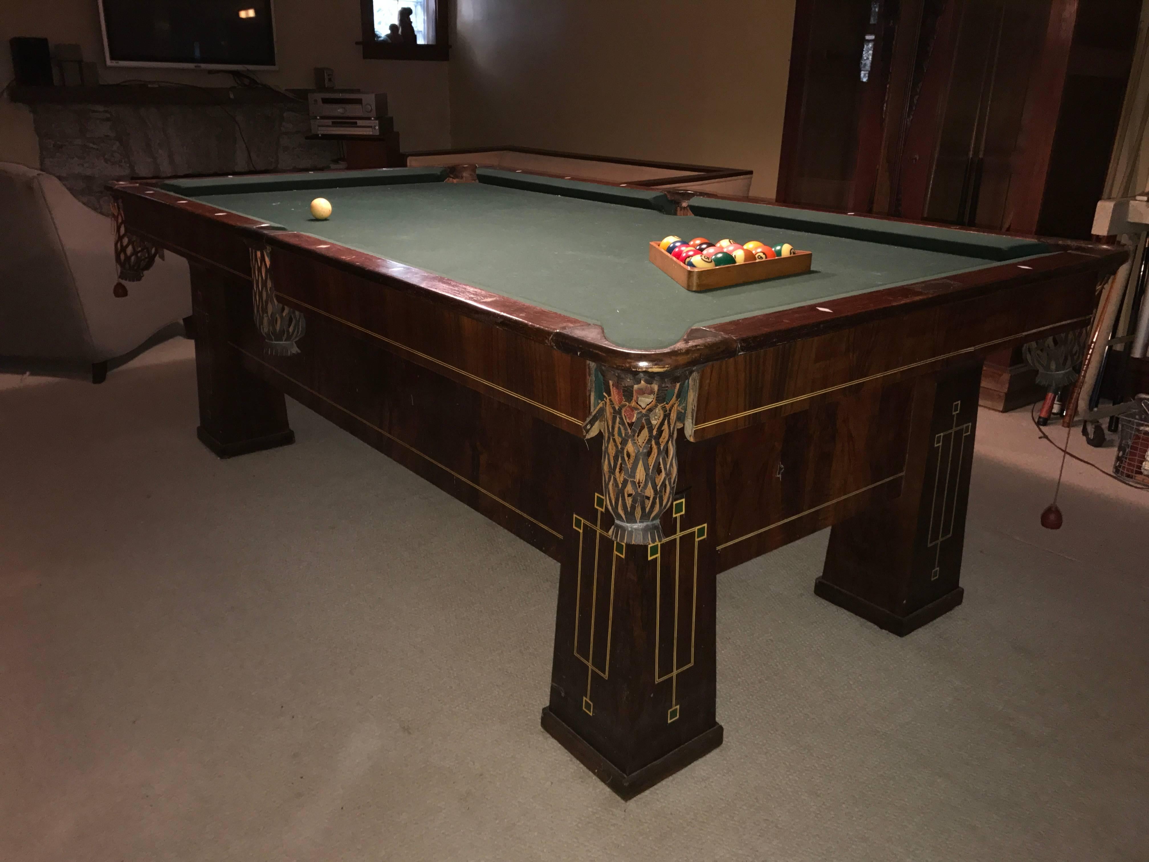 1918 Brunswick Balke Collender Arts & Crafts pool table.

Stunning crafts design,

The Brunswick Balke Collender Company introduced the Arcade model pool table in 1918 and kept it in production until 1924. Ours is a professional, or