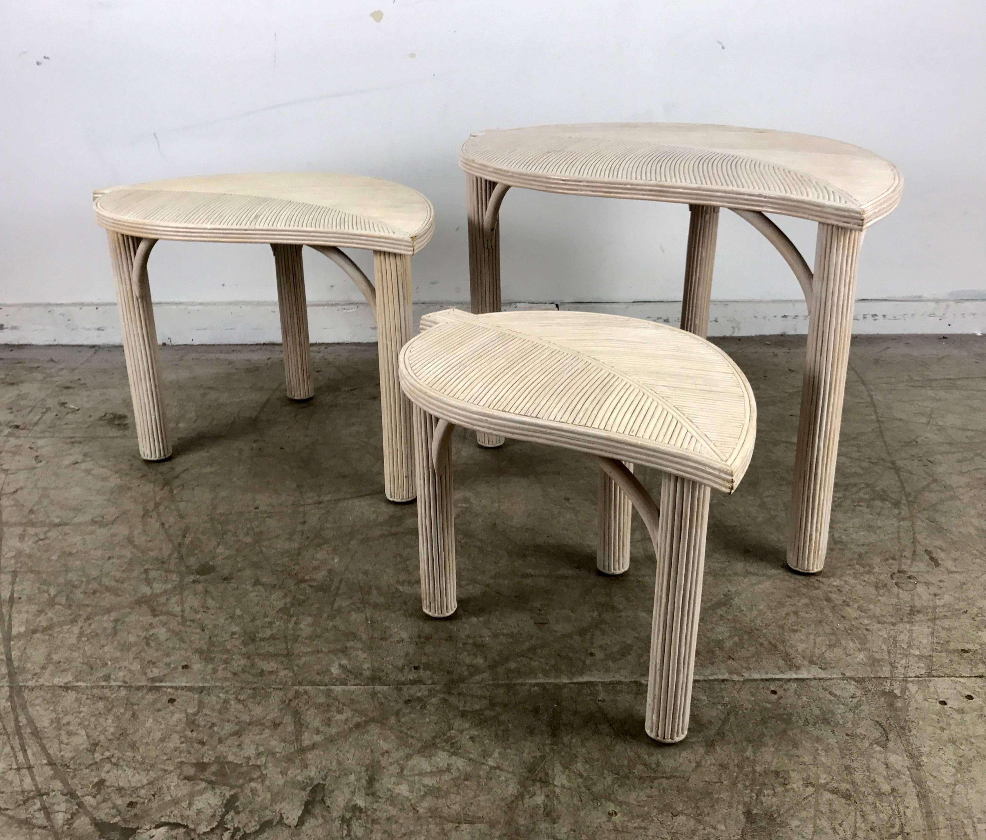 20th Century Decorative Leaf Motif Bamboo/Reed Nesting Tables Hollywood Regency