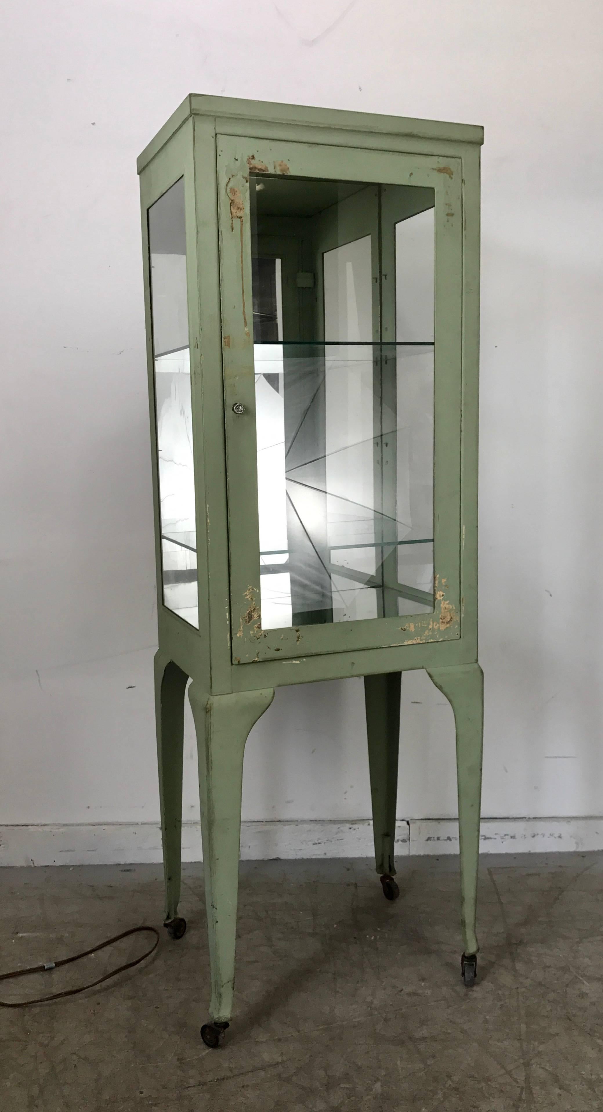 Painted Classic 1920s Metal and Glass Specimen Cabinet, Medical, Industrial