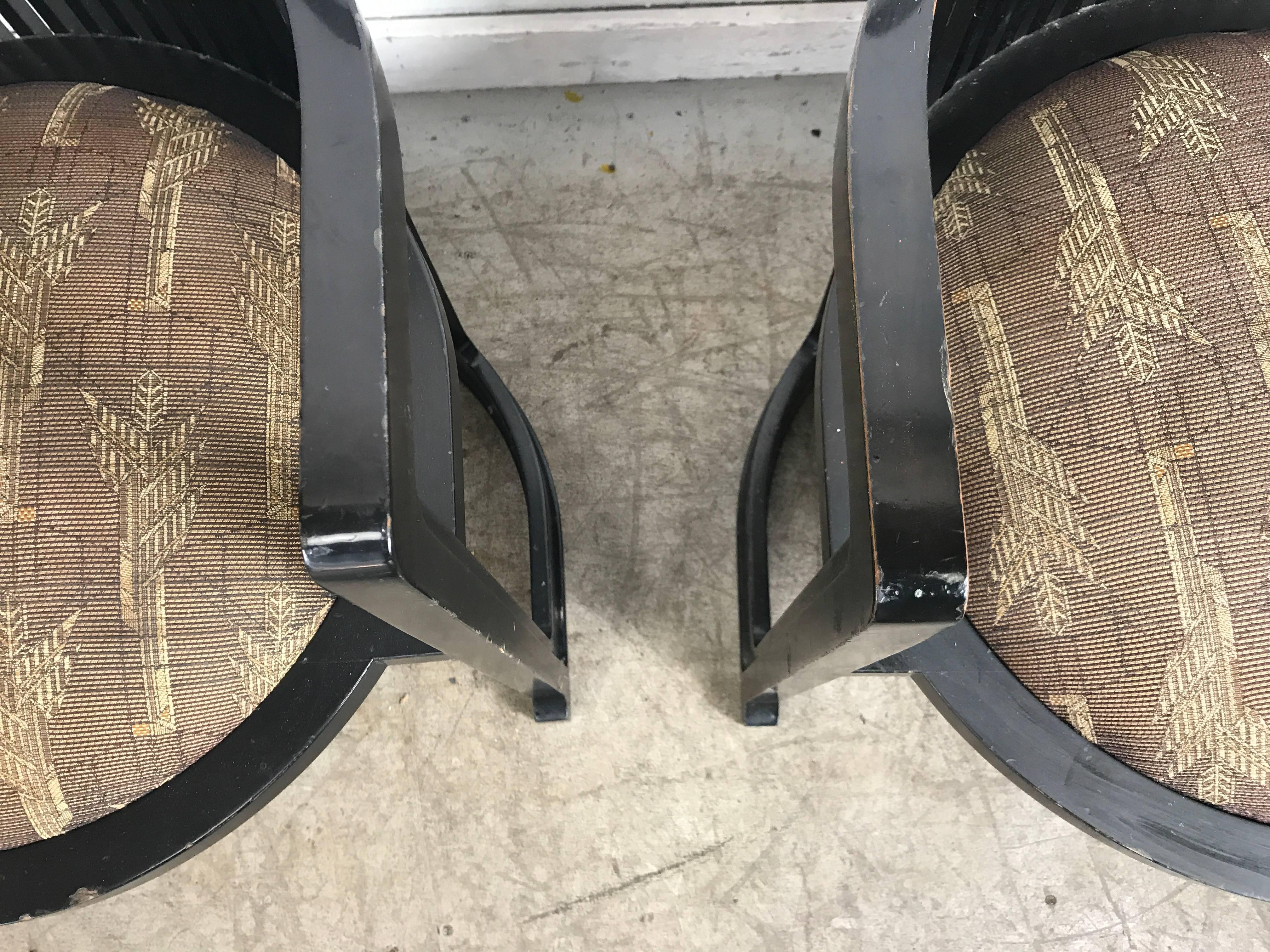 Pair of 606 Barrel Taliesin chairs Frank Lloyd Wright for Cassina... Retains original dark Lacquer finish as well as arts and crafts style upholstered seats. Cassina impressed mark.