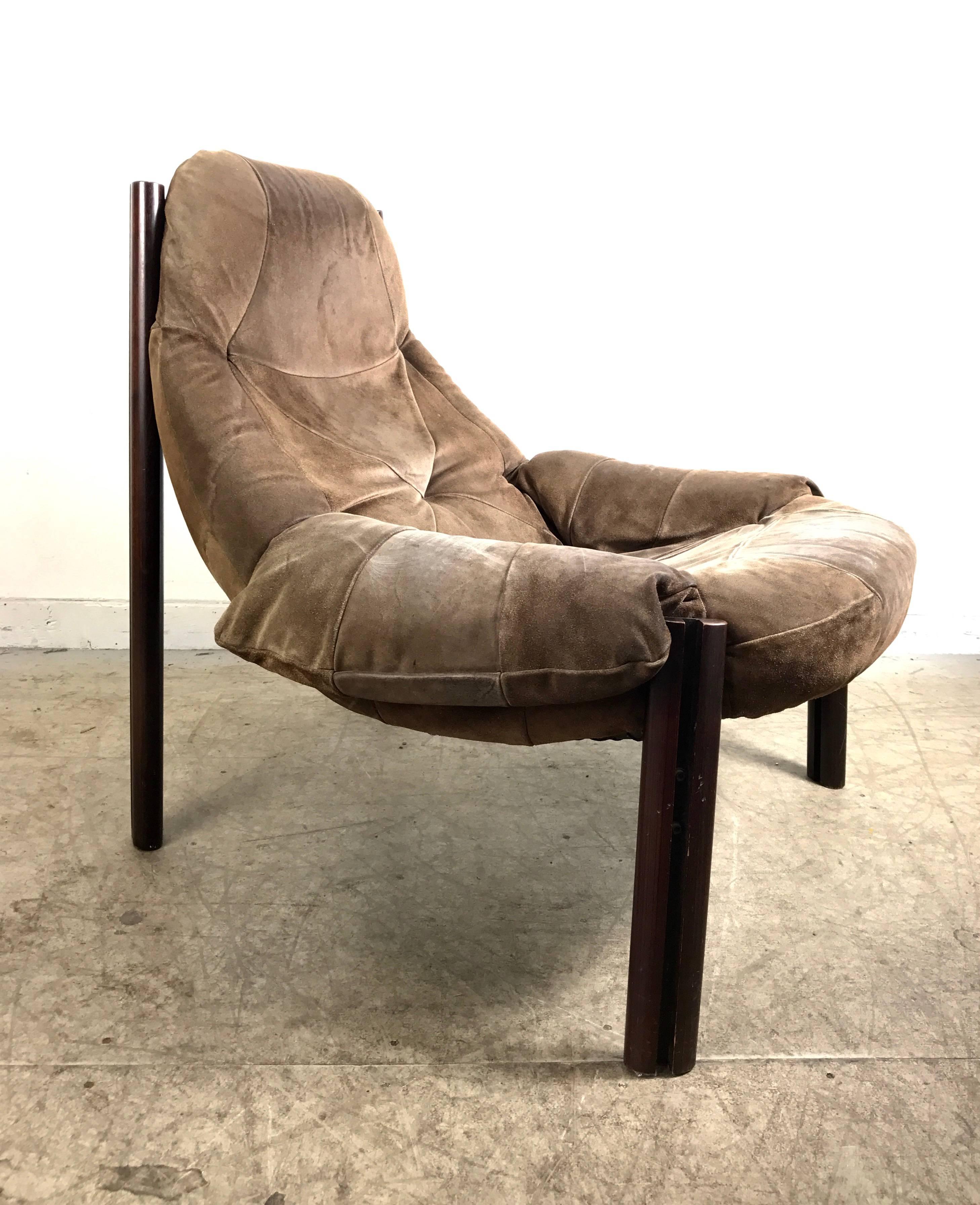 20th Century Modernist Rosewood and Suede Lounge Sling Chair by Percival Lafer