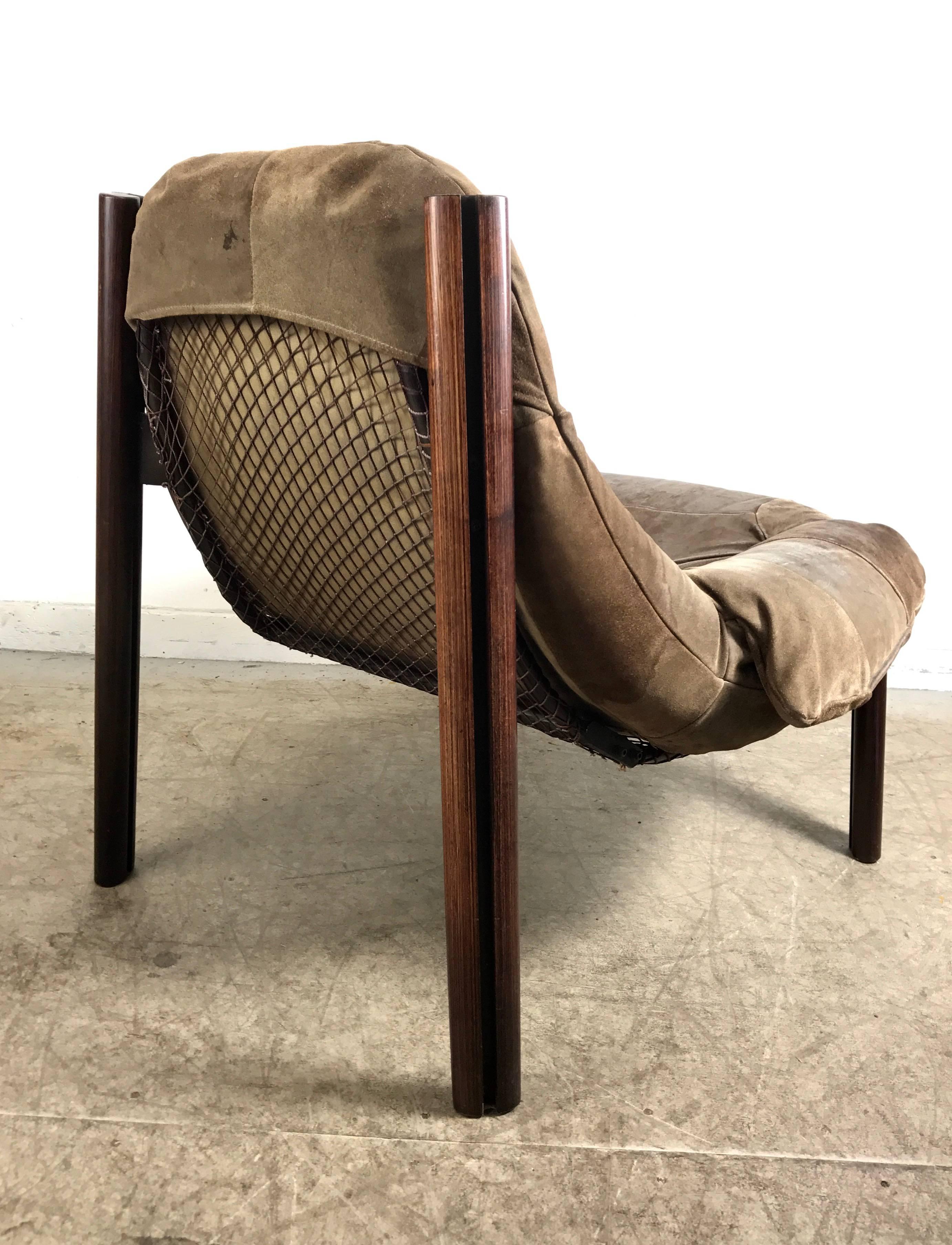 Modernist Rosewood and Suede Lounge Sling Chair by Percival Lafer 1