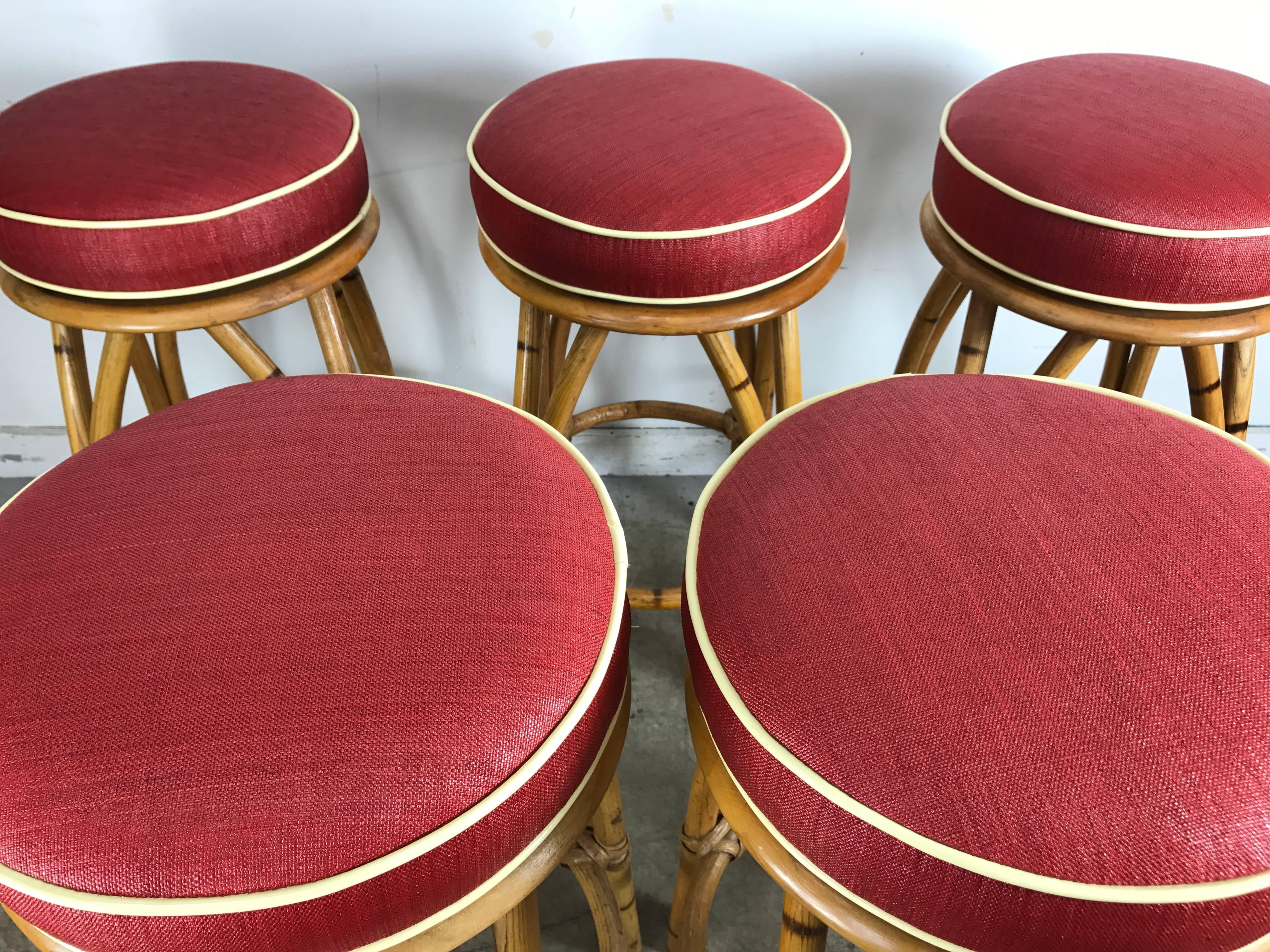 Mid-Century Modern Set of Five Bamboo Swivel Bar or Counter Stools by Heywood Wakefield