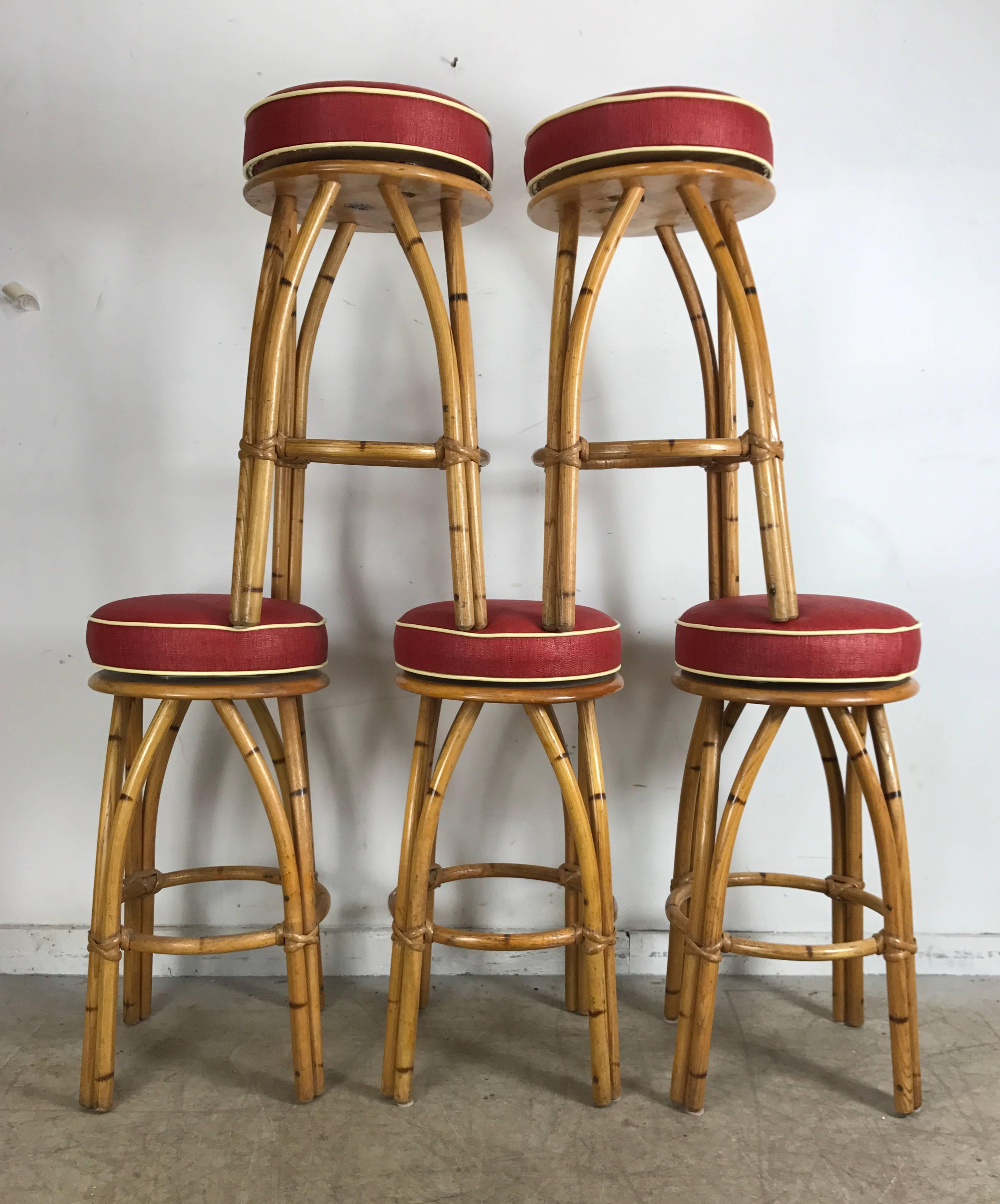 American Set of Five Bamboo Swivel Bar or Counter Stools by Heywood Wakefield