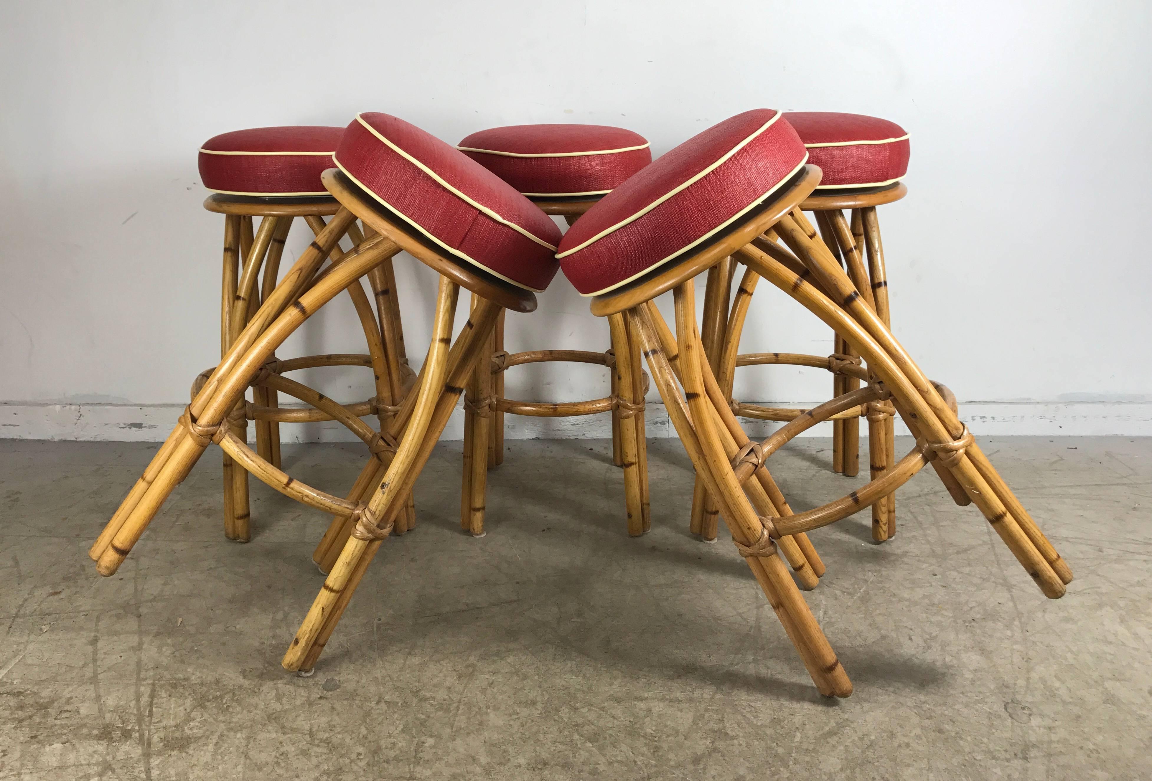 20th Century Set of Five Bamboo Swivel Bar or Counter Stools by Heywood Wakefield