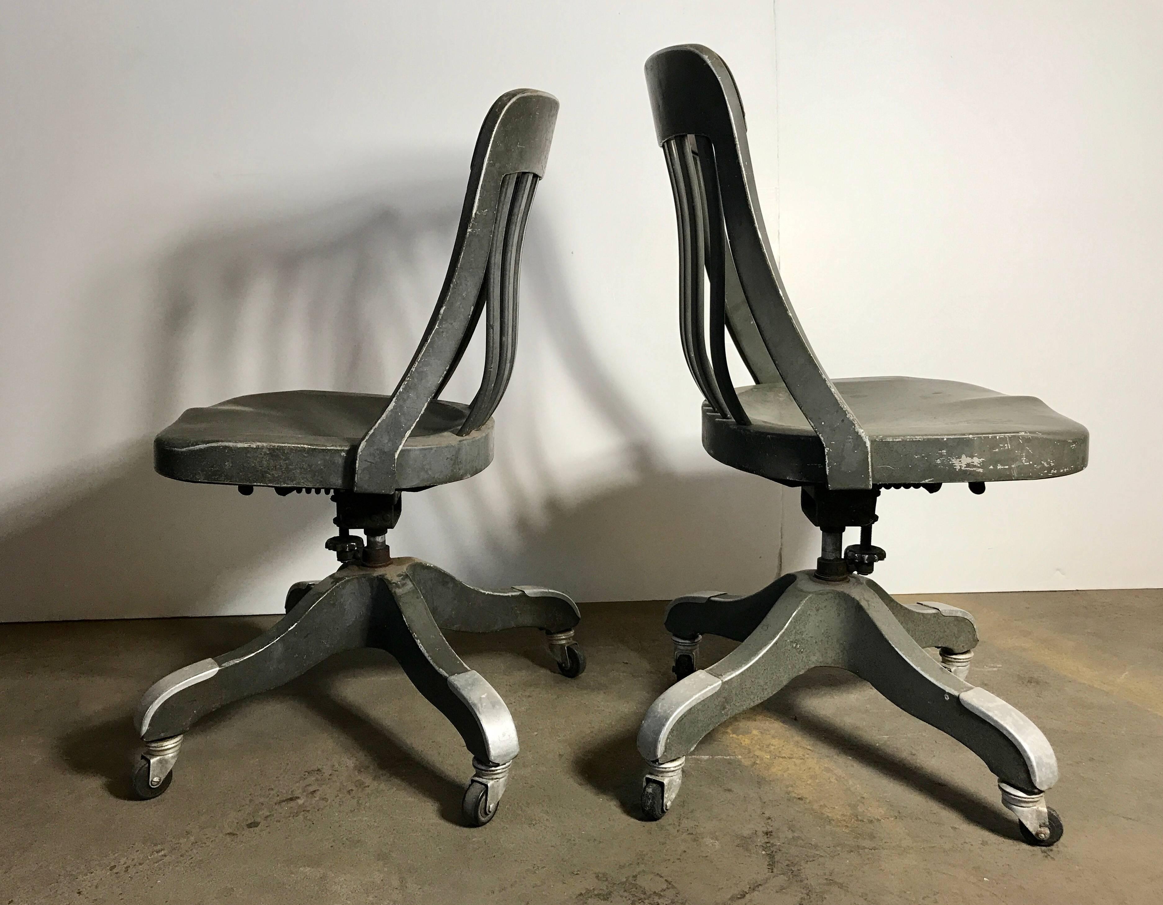 Early 1920s Shaw Walker Industrial painted aluminium task chairs, extremely comfortable, tilt, swivel, 360 degree, fully adjustable height, amazing cast aluminum machine age castors and polished aluminium details to base.