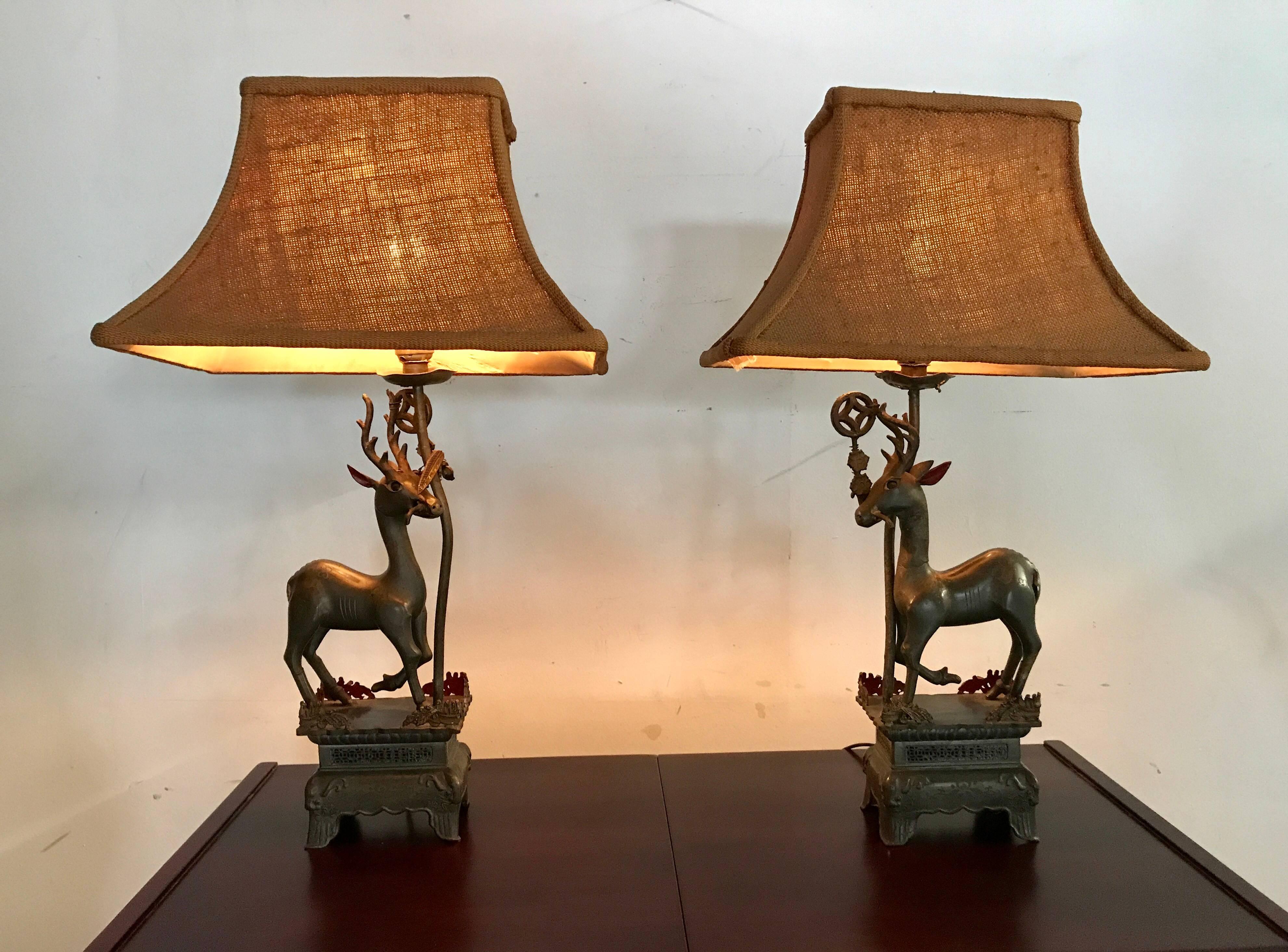 Etched Pair of Antique Chinese Pewter Gazelle Themed Table Lamps
