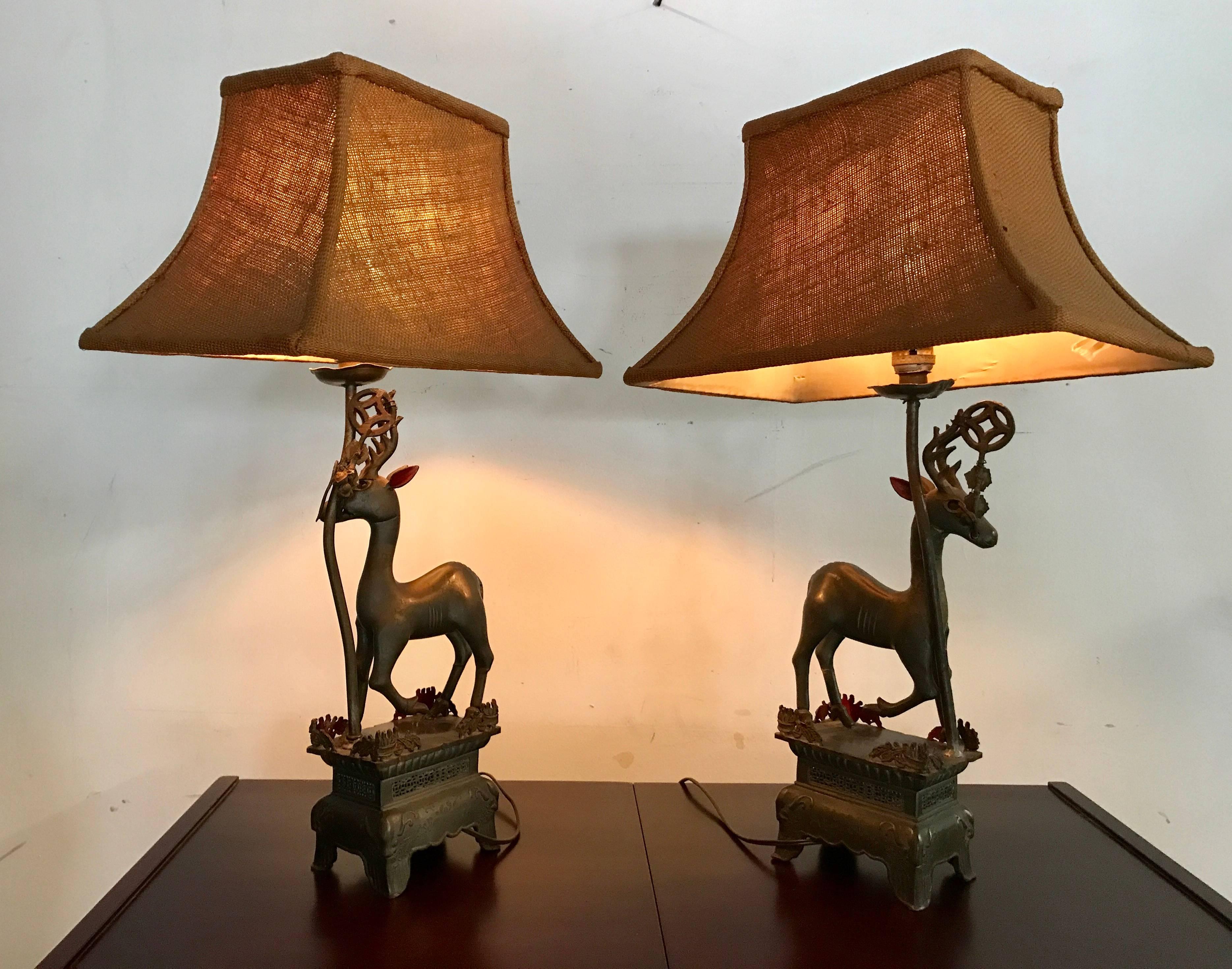 Pair of Antique Chinese Pewter Gazelle Themed Table Lamps In Good Condition In Buffalo, NY