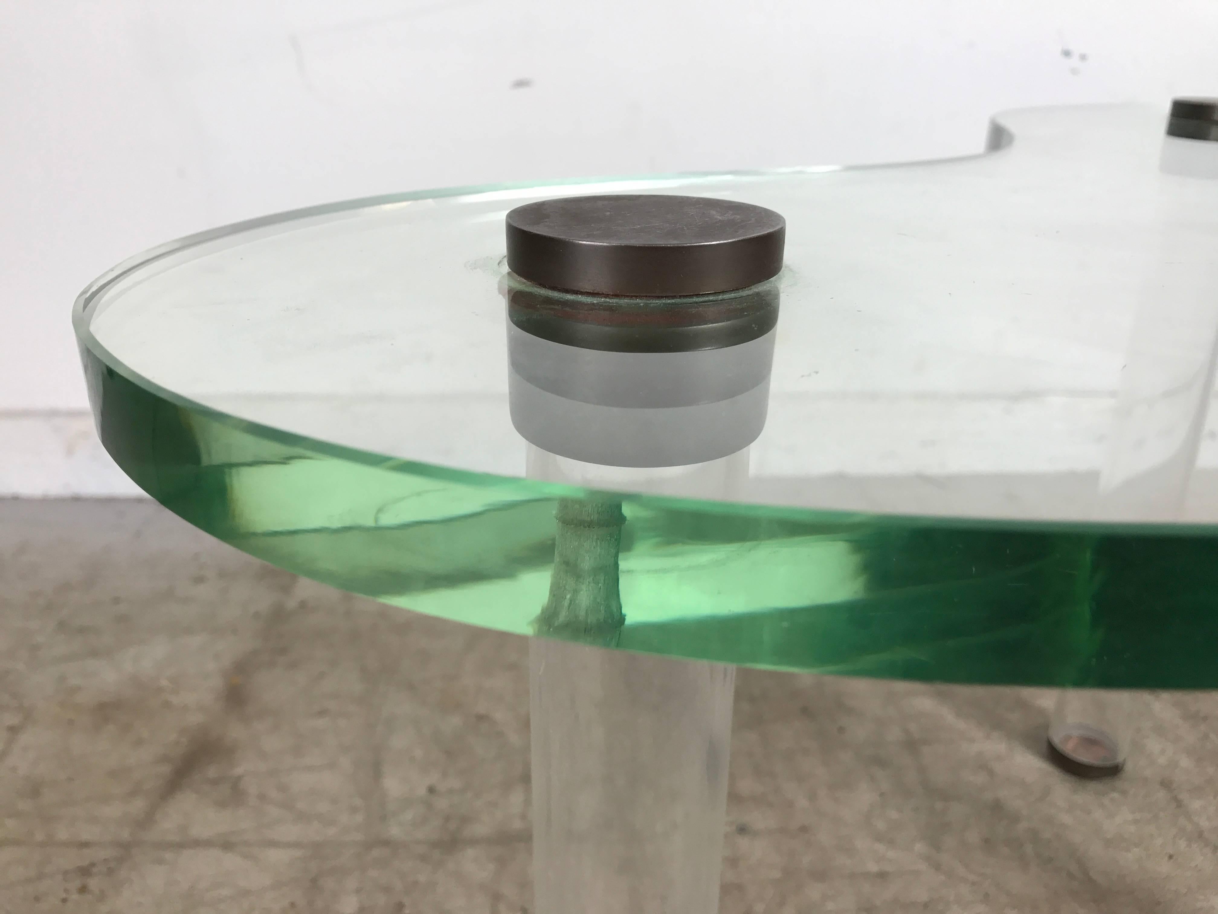 American Rare Gilbert Rohde Glass, Lucite and Brass Kidney Shape Cocktail Table