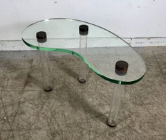 Rare Gilbert Rohde Glass, Lucite and Brass Kidney Shape Cocktail Table