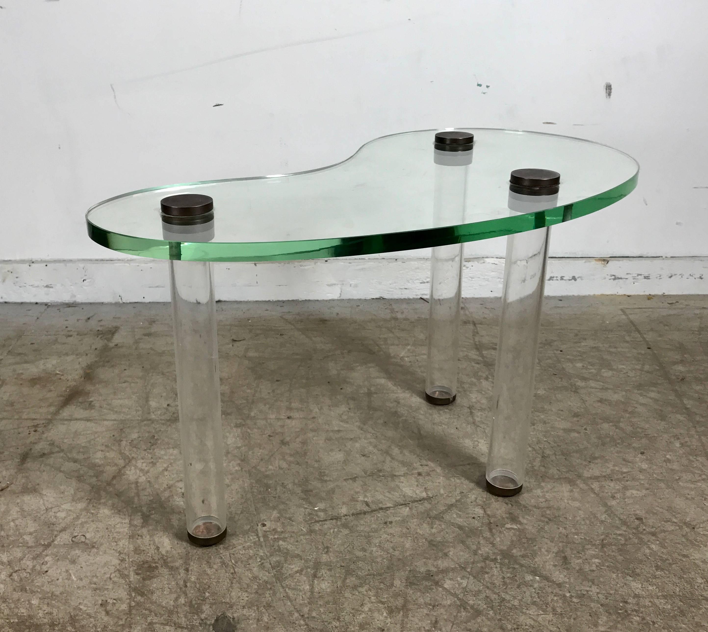 Art Deco Rare Gilbert Rohde Glass, Lucite and Brass Kidney Shape Cocktail Table