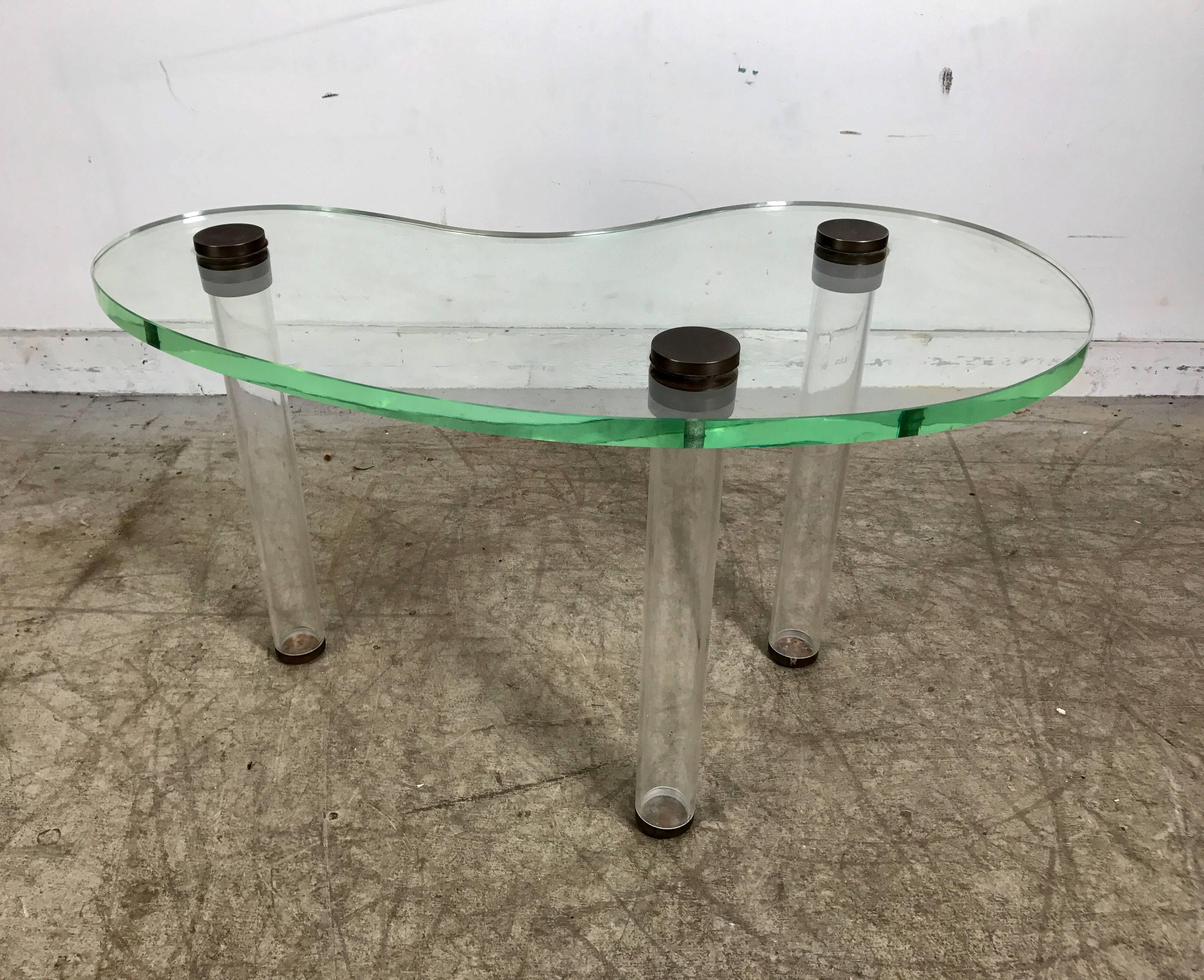 Rare Gilbert Rohde Glass, Lucite and Brass Kidney Shape Cocktail Table In Good Condition In Buffalo, NY