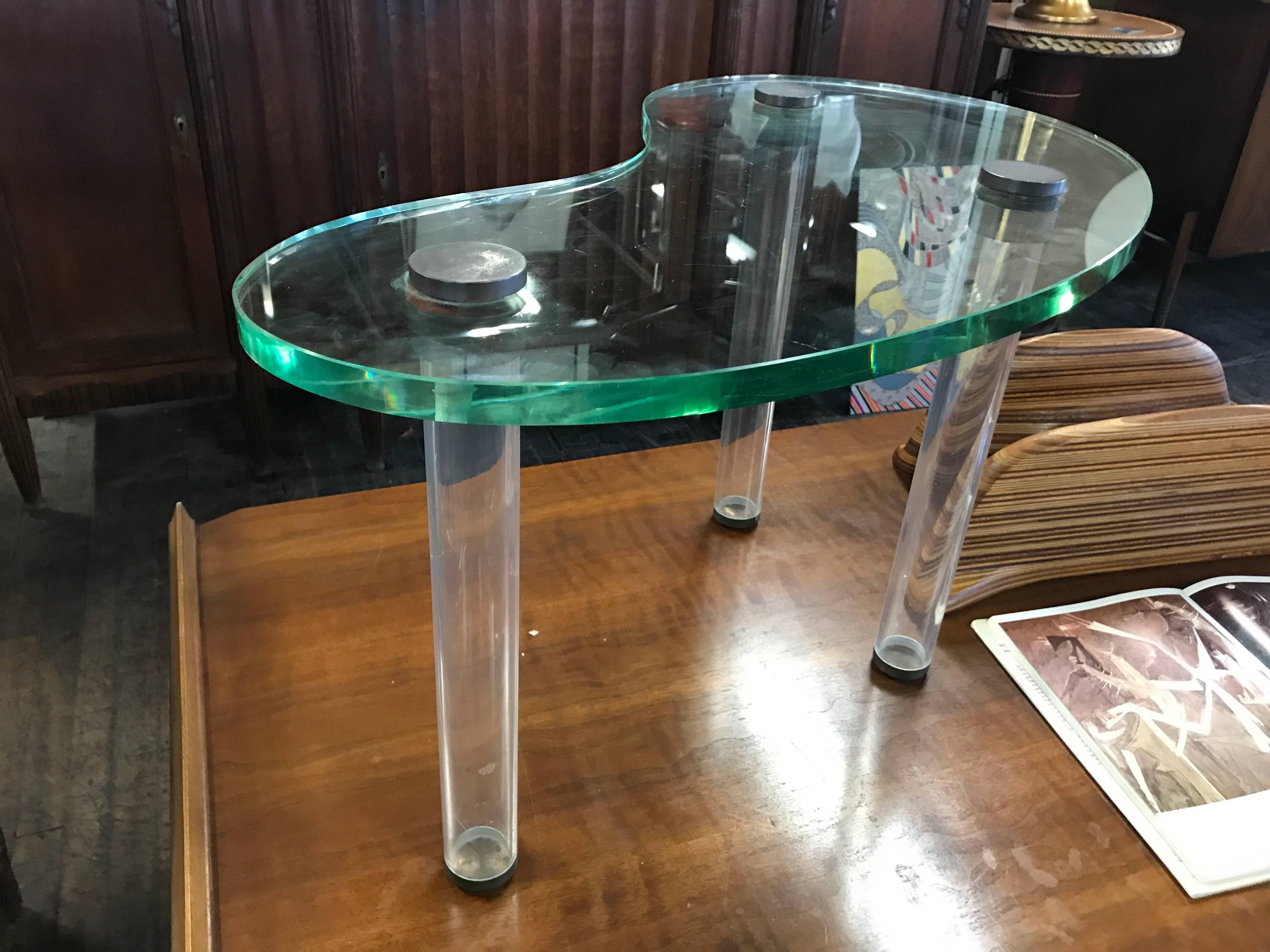 Mid-20th Century Rare Gilbert Rohde Glass, Lucite and Brass Kidney Shape Cocktail Table