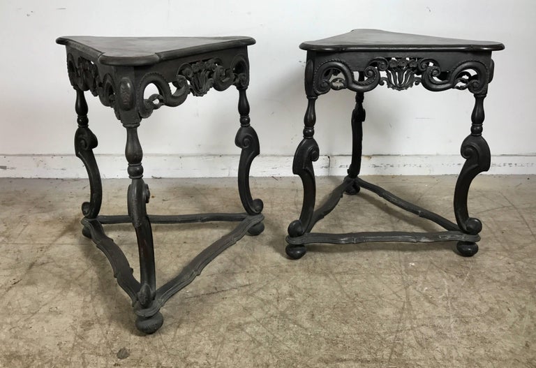 Pair of Rococo Style Triangular Carved Walnut Tables For Sale at 1stDibs