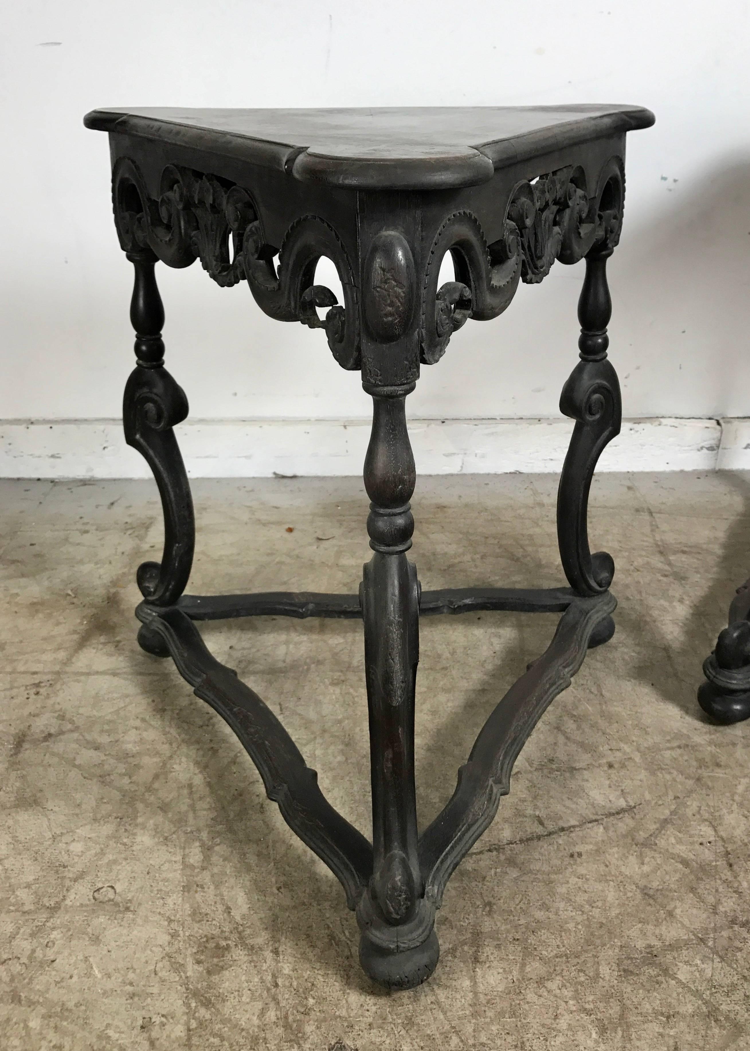 Pair of Rococo Style Triangular Carved Walnut Tables In Good Condition For Sale In Buffalo, NY