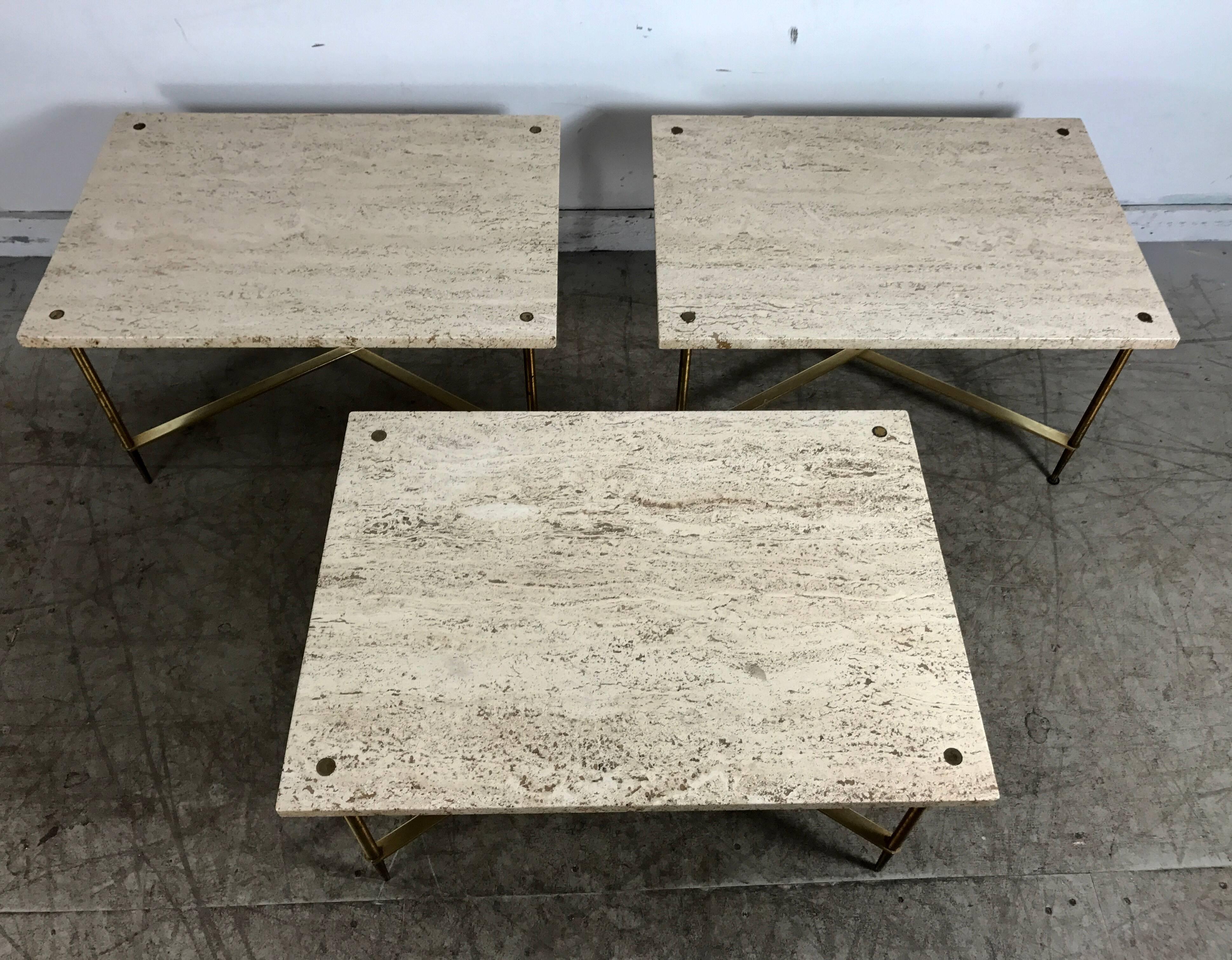Italian Stunning Travertine and Brass Tables made in Italy after Gio Ponti