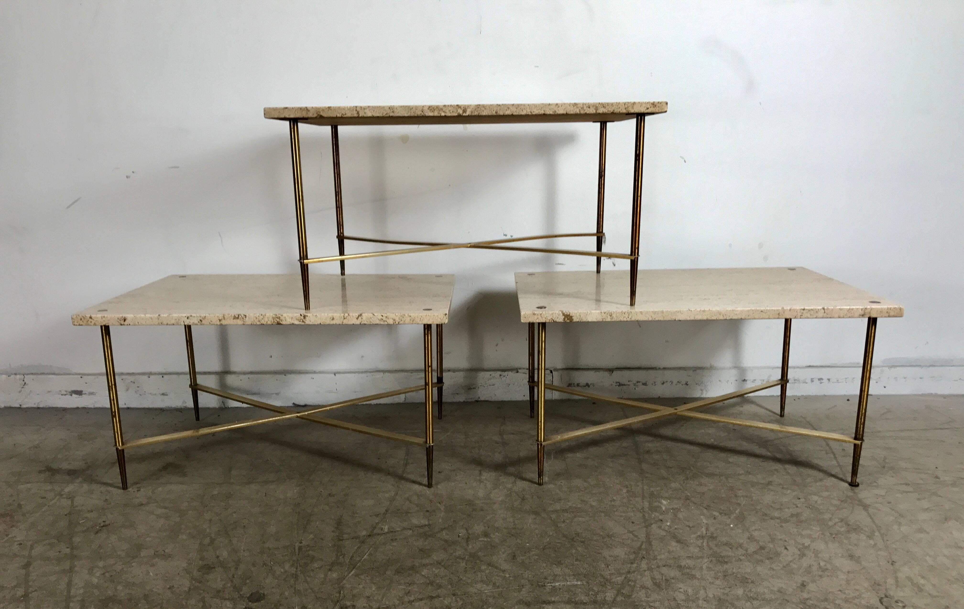 20th Century Stunning Travertine and Brass Tables made in Italy after Gio Ponti