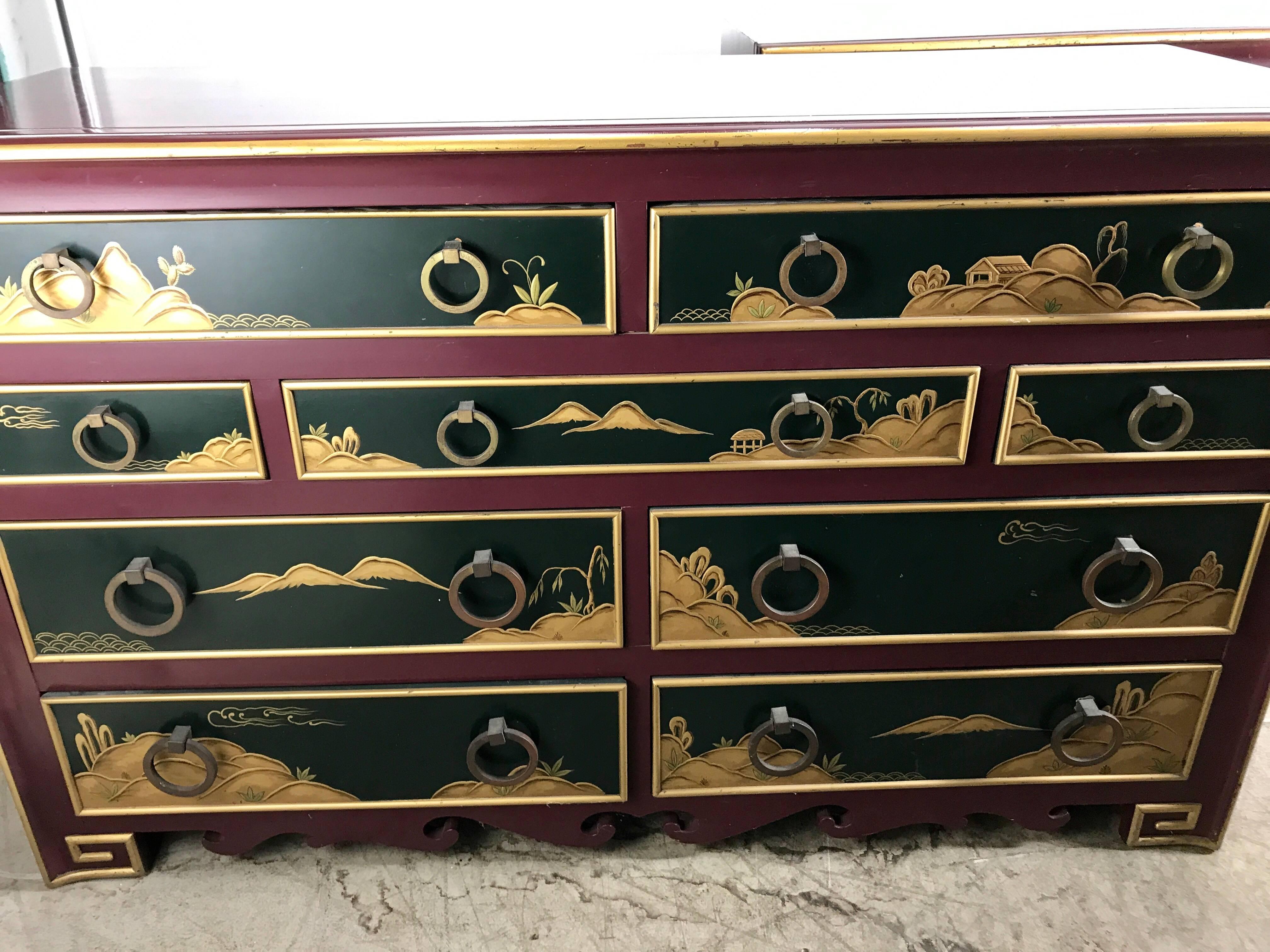 Hollywood Regency Stunning Pair of 1940s Nine-Drawer Lacquered Chests, Japanese Motif, Widdicomb