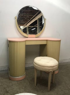 American Art Deco Vanity, Dressing Table, Mirror, Stool by Kittinger Furn Co
