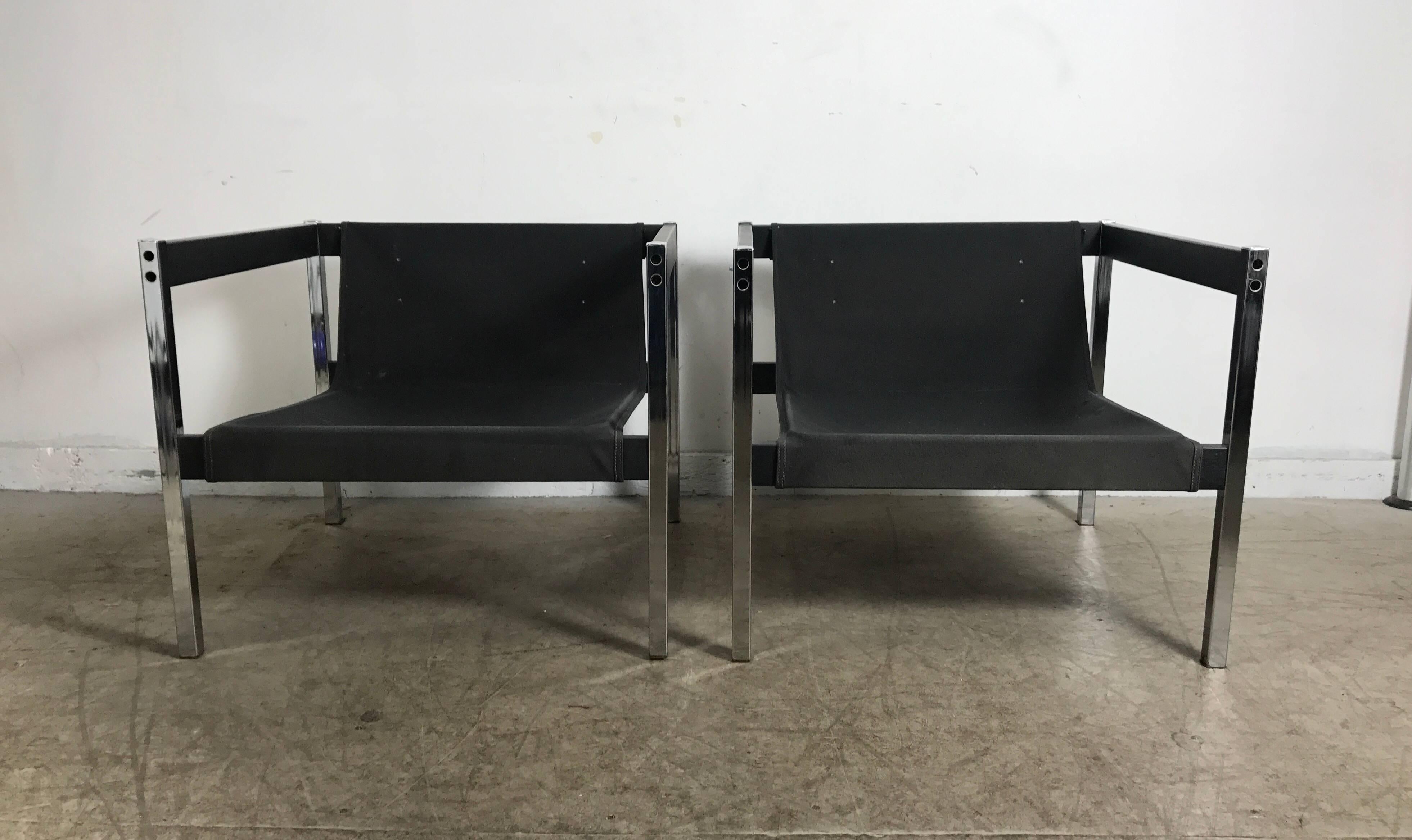 Mid-Century Modern Classic 1970s Even Arm Chrome and Wood Sling Chairs in Bauhaus Style