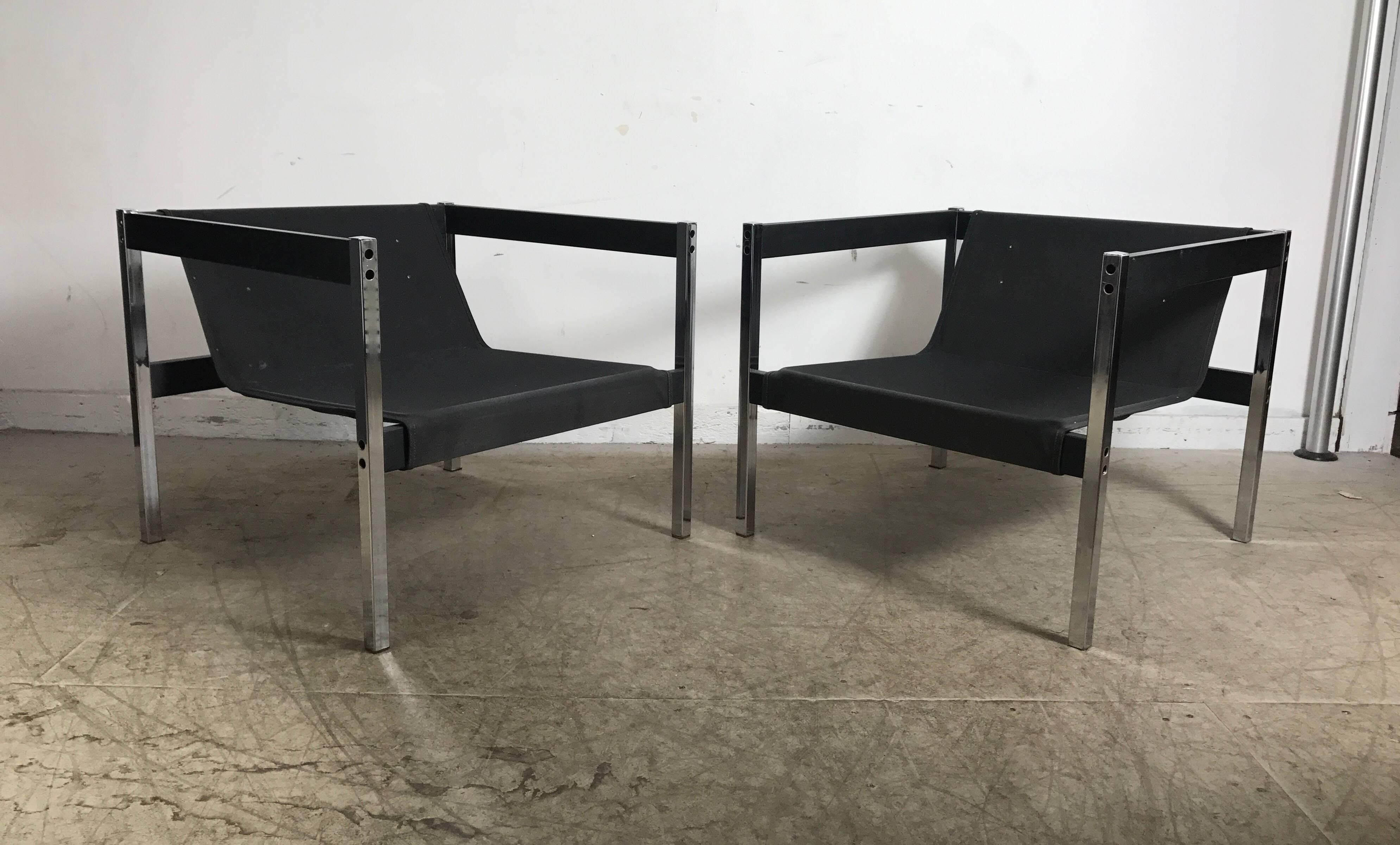 20th Century Classic 1970s Even Arm Chrome and Wood Sling Chairs in Bauhaus Style