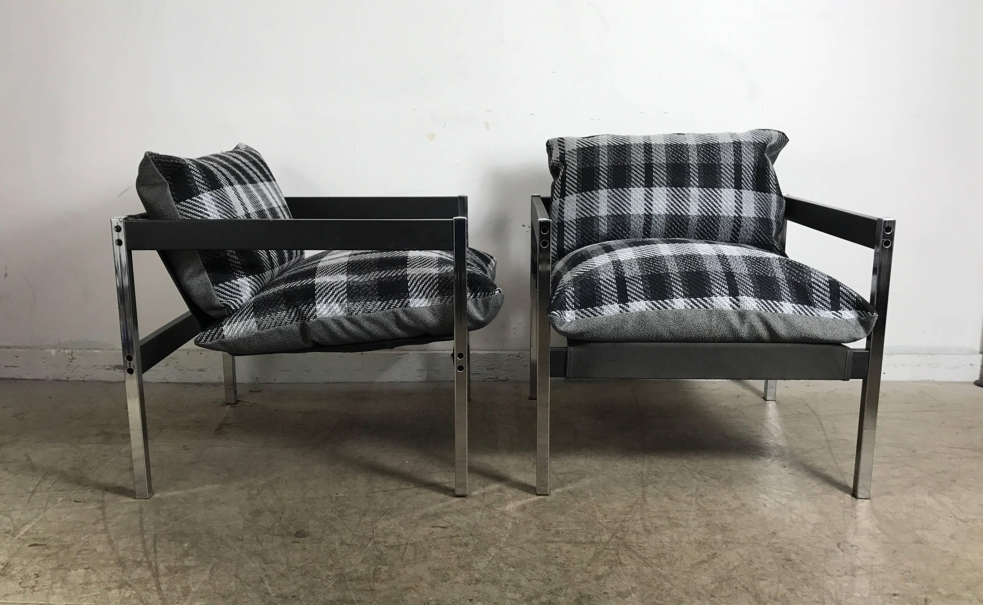 Classic 1970s Even Arm Chrome and Wood Sling Chairs in Bauhaus Style In Good Condition In Buffalo, NY