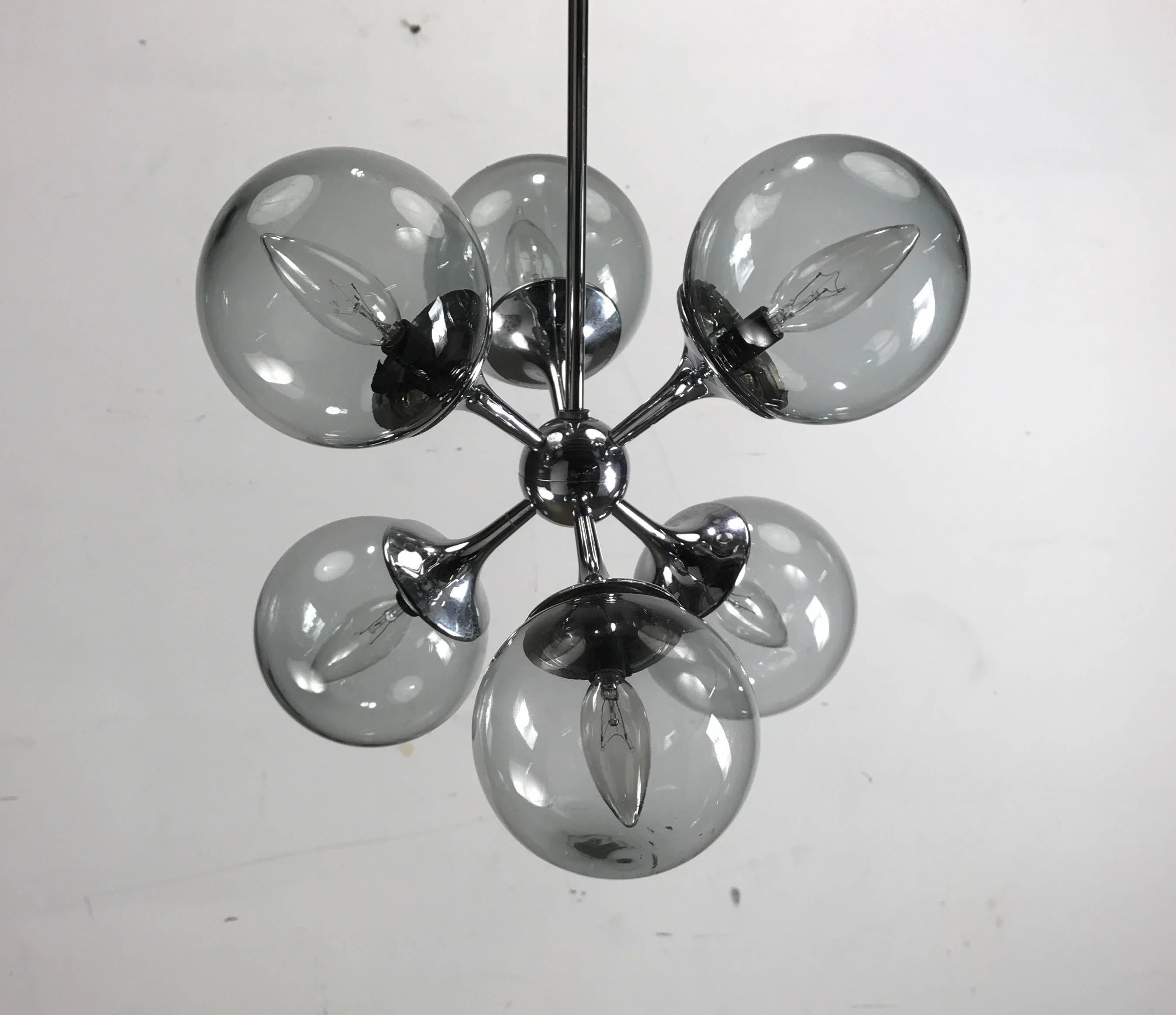 Mid-Century Modern Classic Lightolier Sputnik Pendant Light Fixture, Smoke Glass Globes