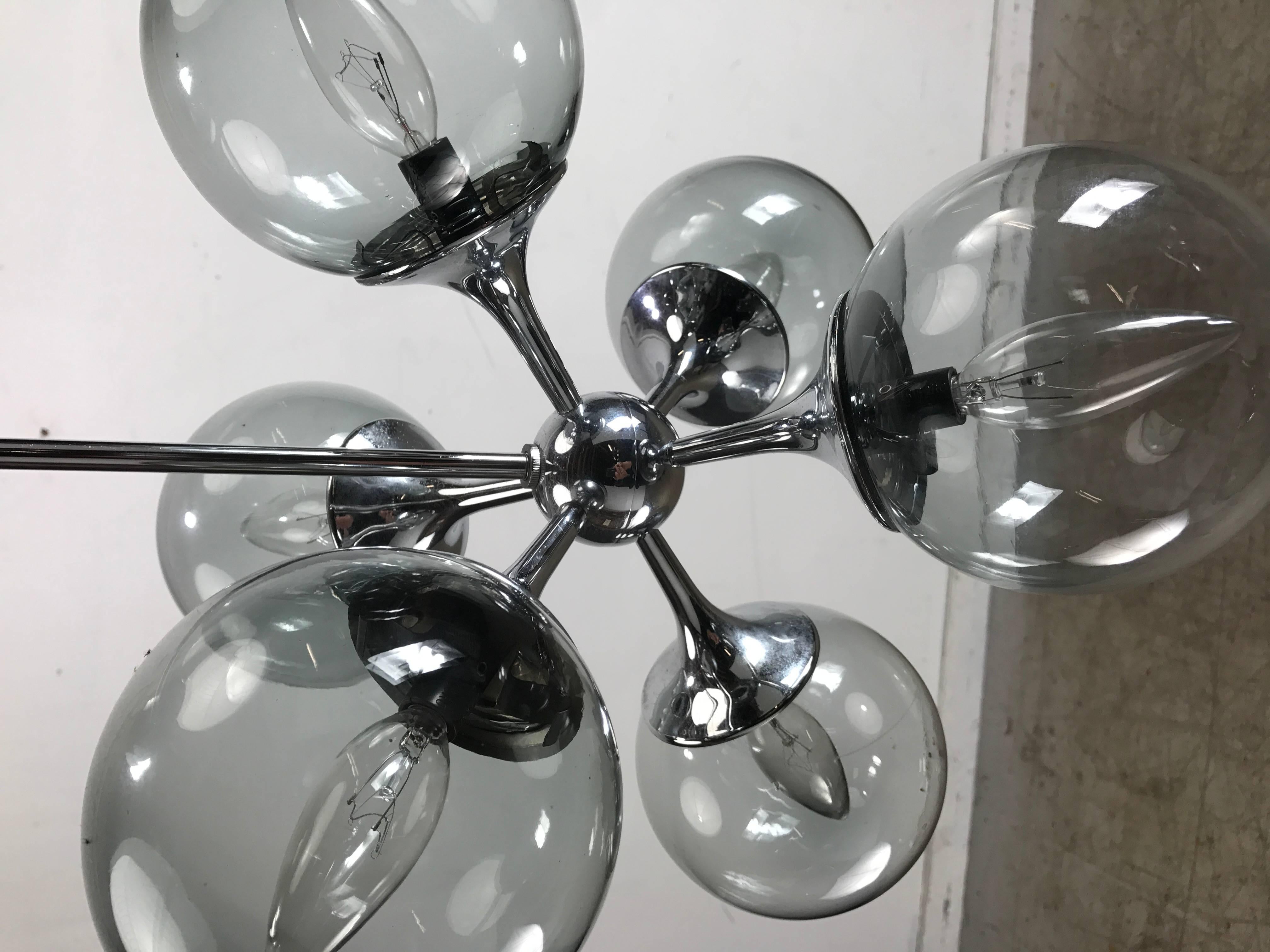 Classic Lightolier Sputnik pendant light fixture, atomic design, smoke glass globes. Retains original early Lightolier paper label.