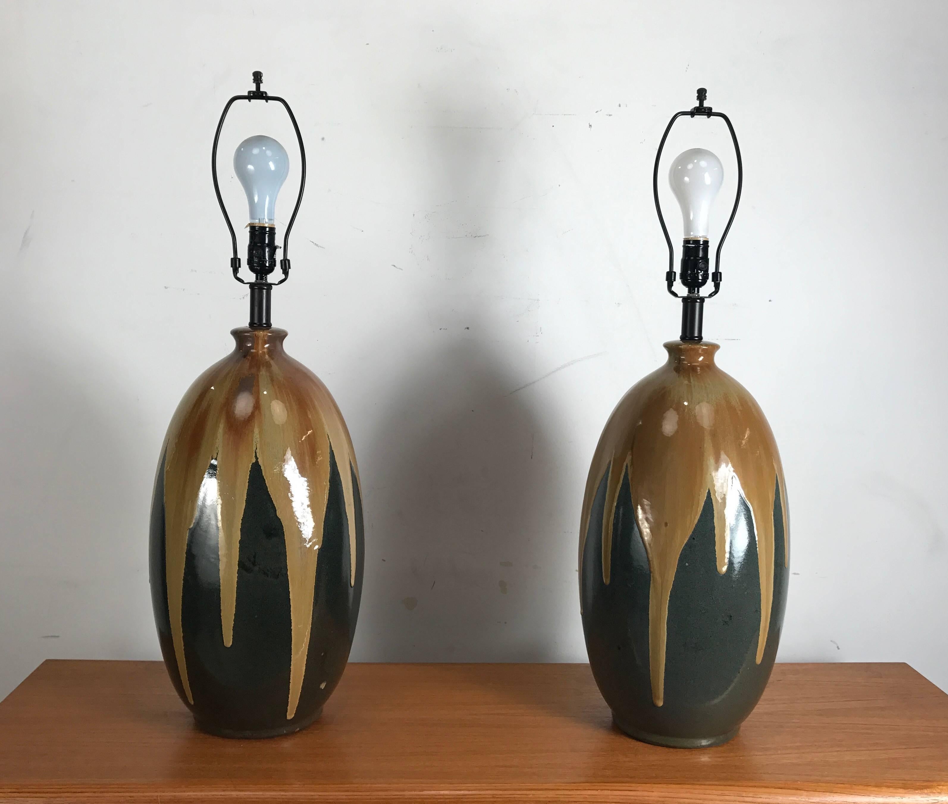 Mid-Century Modern Pair of Large Drip Glaze Pottery Lamps