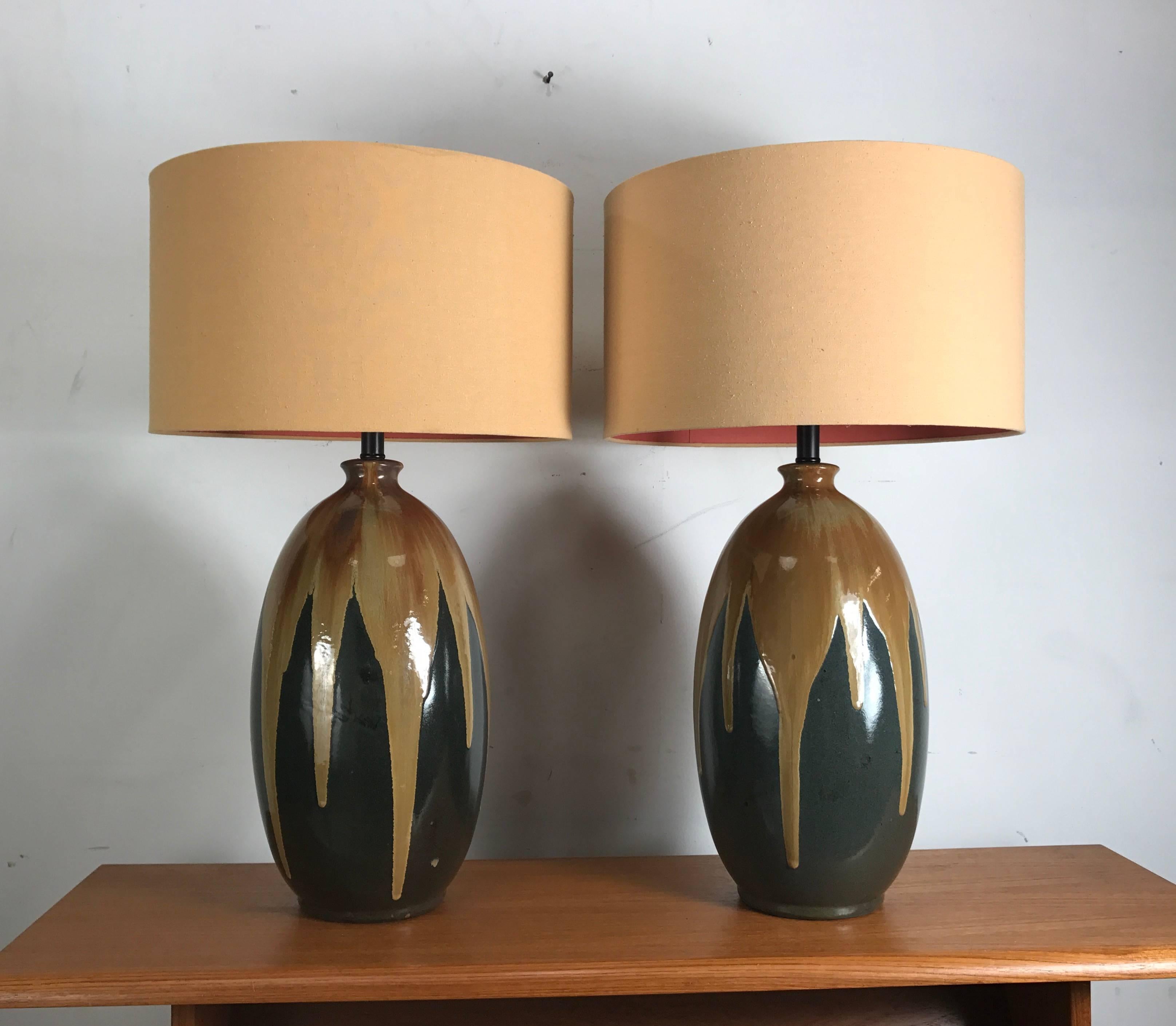 Ceramic Pair of Large Drip Glaze Pottery Lamps