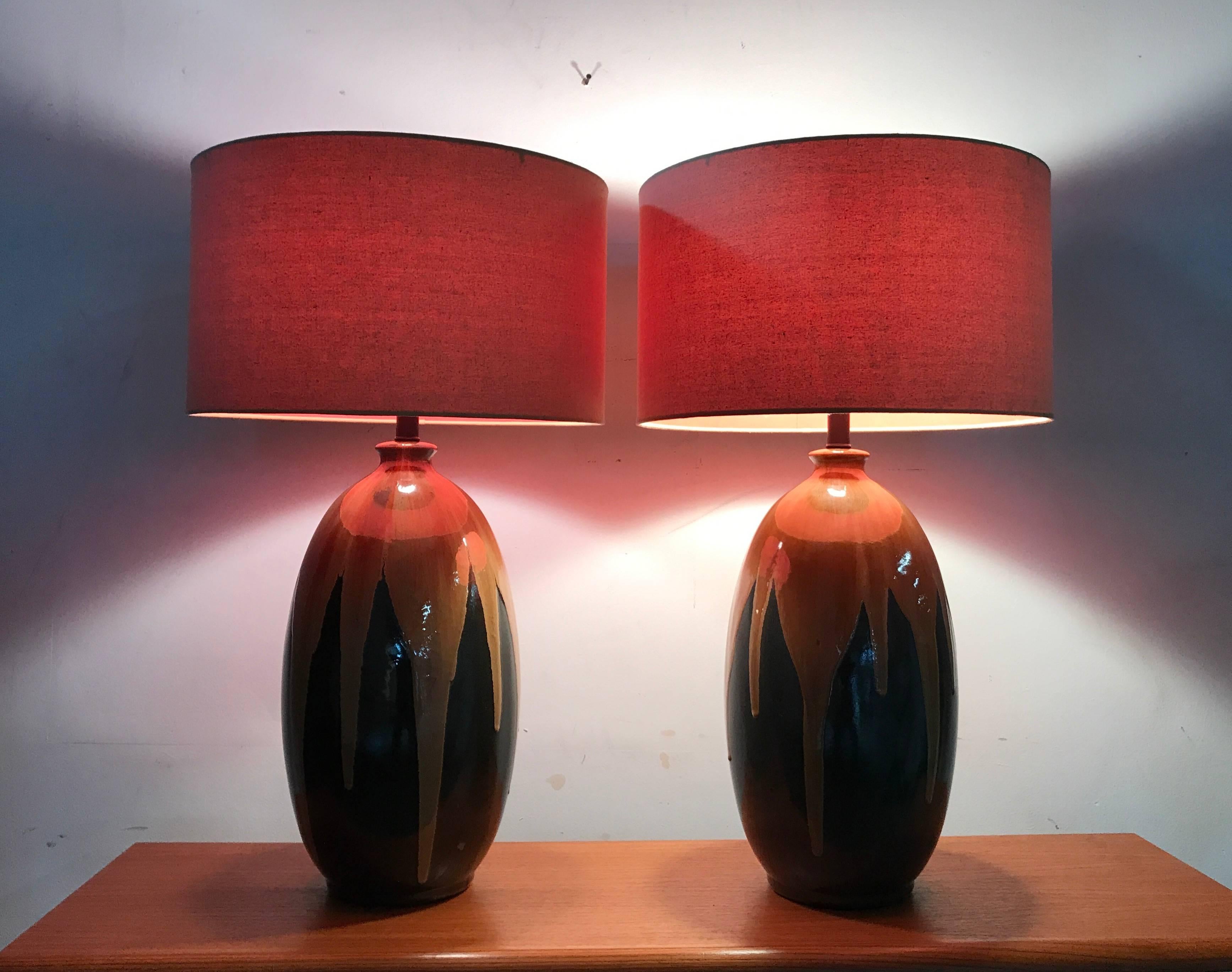 Unknown Pair of Large Drip Glaze Pottery Lamps