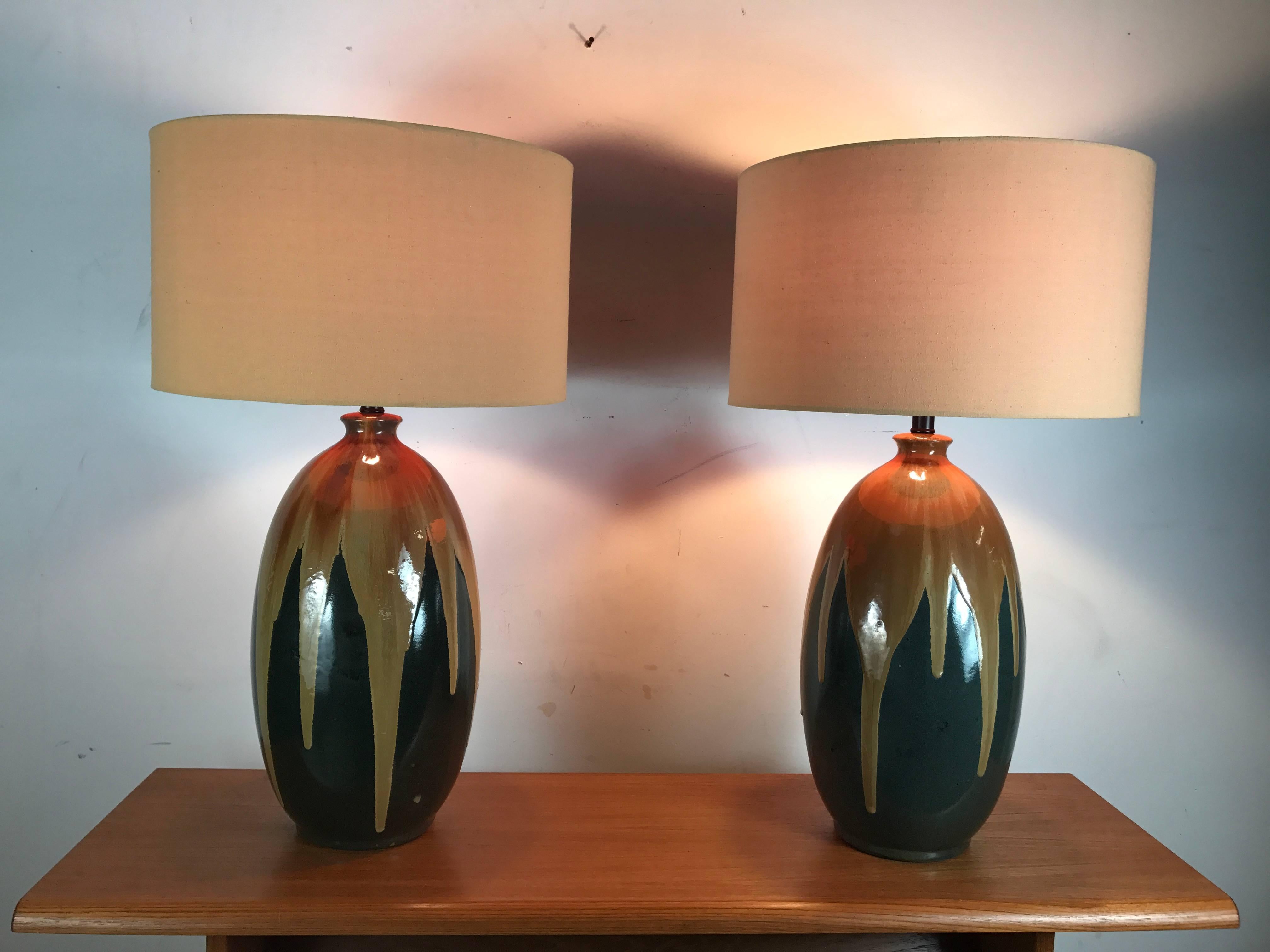 Pair of Large Drip Glaze Pottery Lamps 1