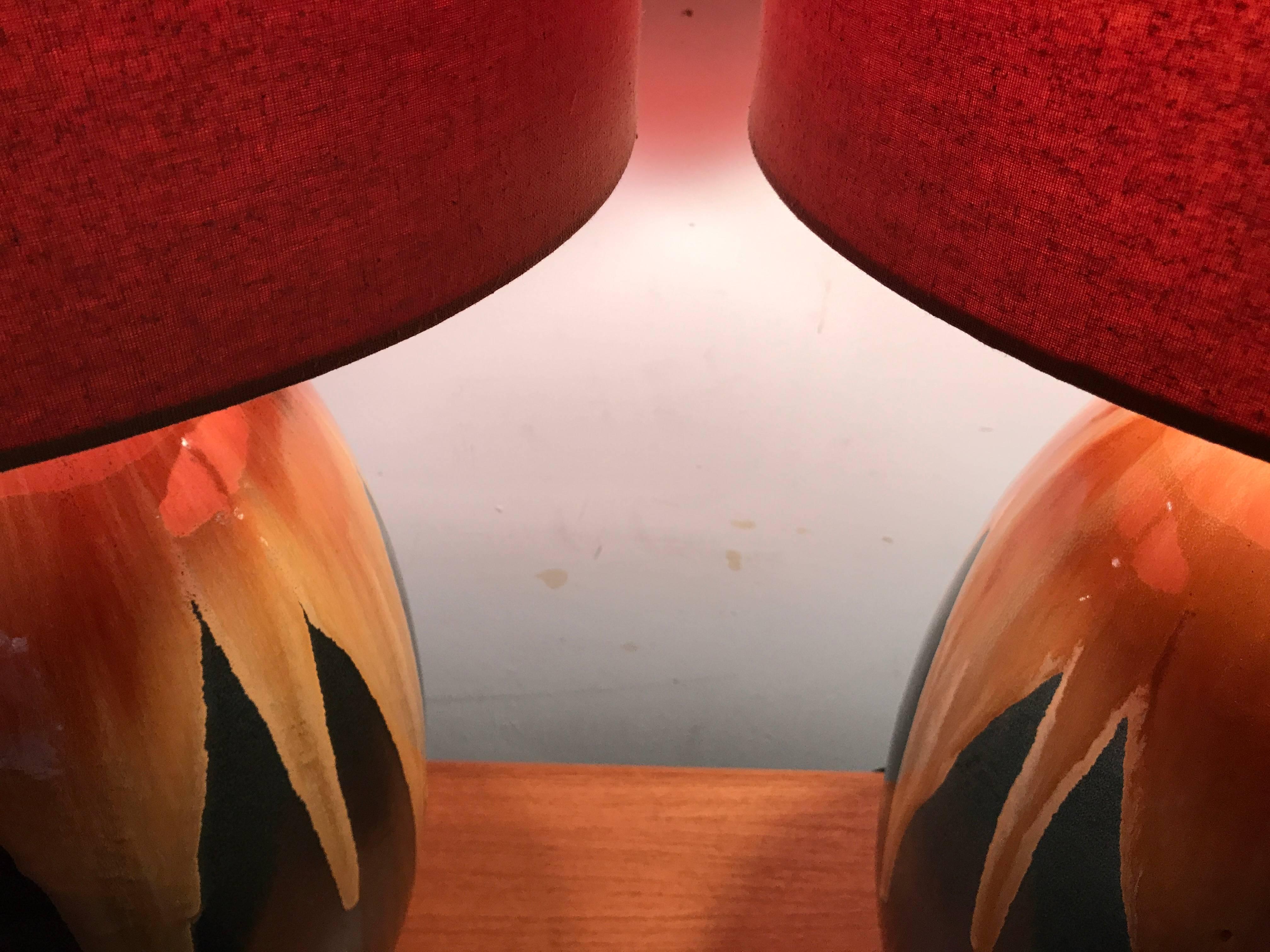 20th Century Pair of Large Drip Glaze Pottery Lamps