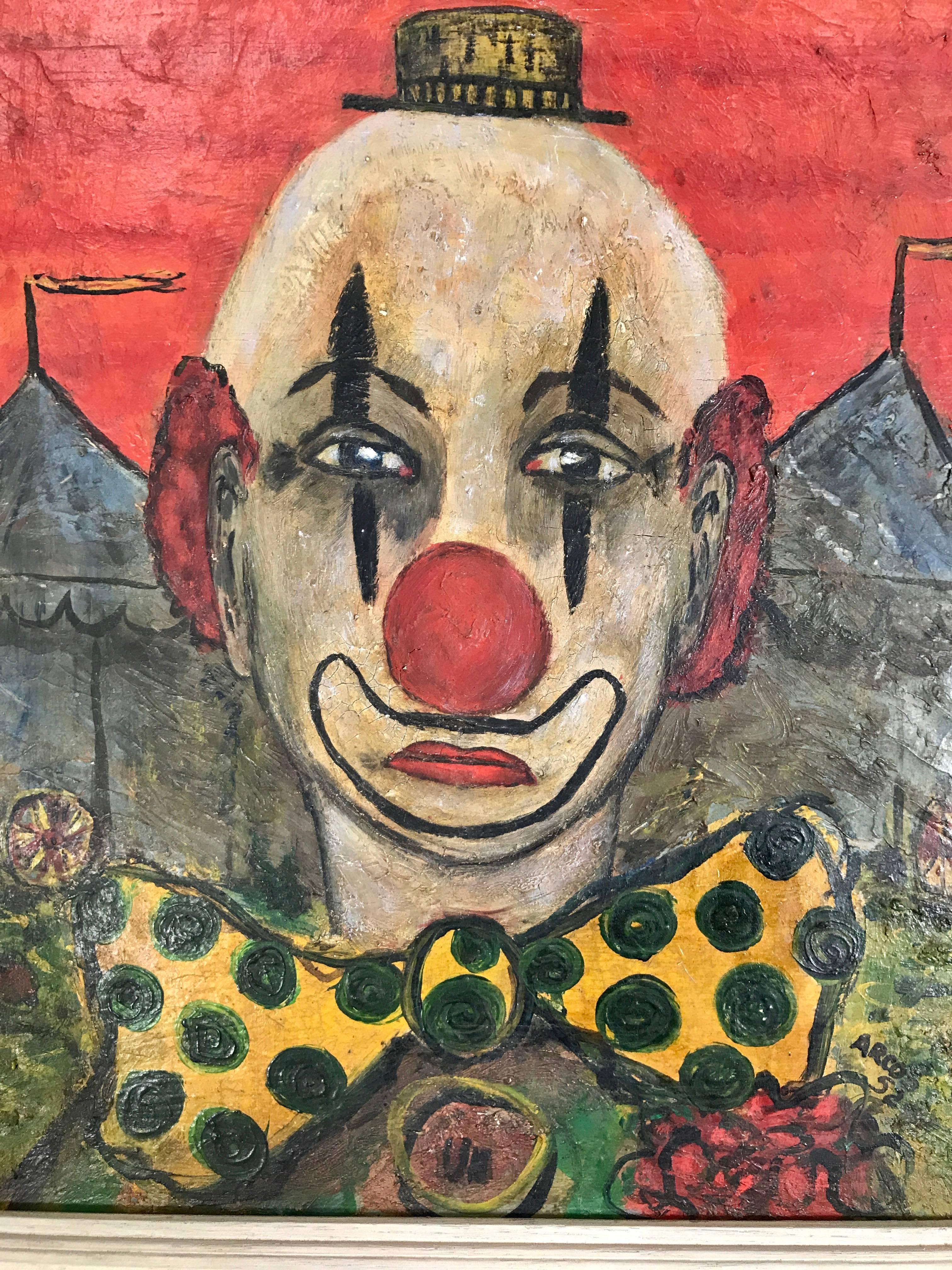 Whimsical oil on board painting 'Clown by Joe Arcos 1952.