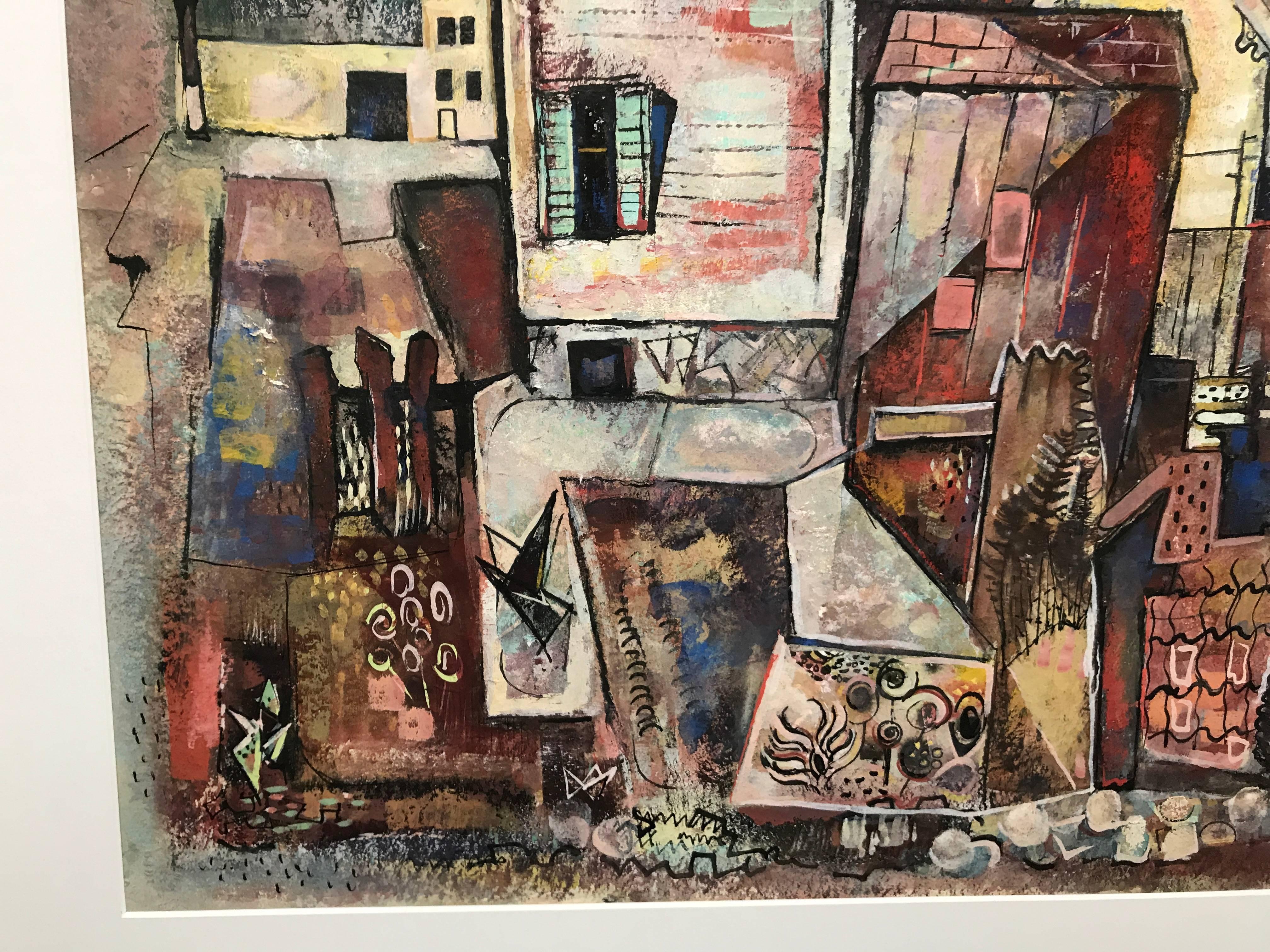 An original watercolor, Shiva Casein painting by American artist James Vullo depicting abstract. Cubist city exterior, 

James Vullo, 1914-1999
James was one of eleven children and he began drawing around the age of eight years old. James loved