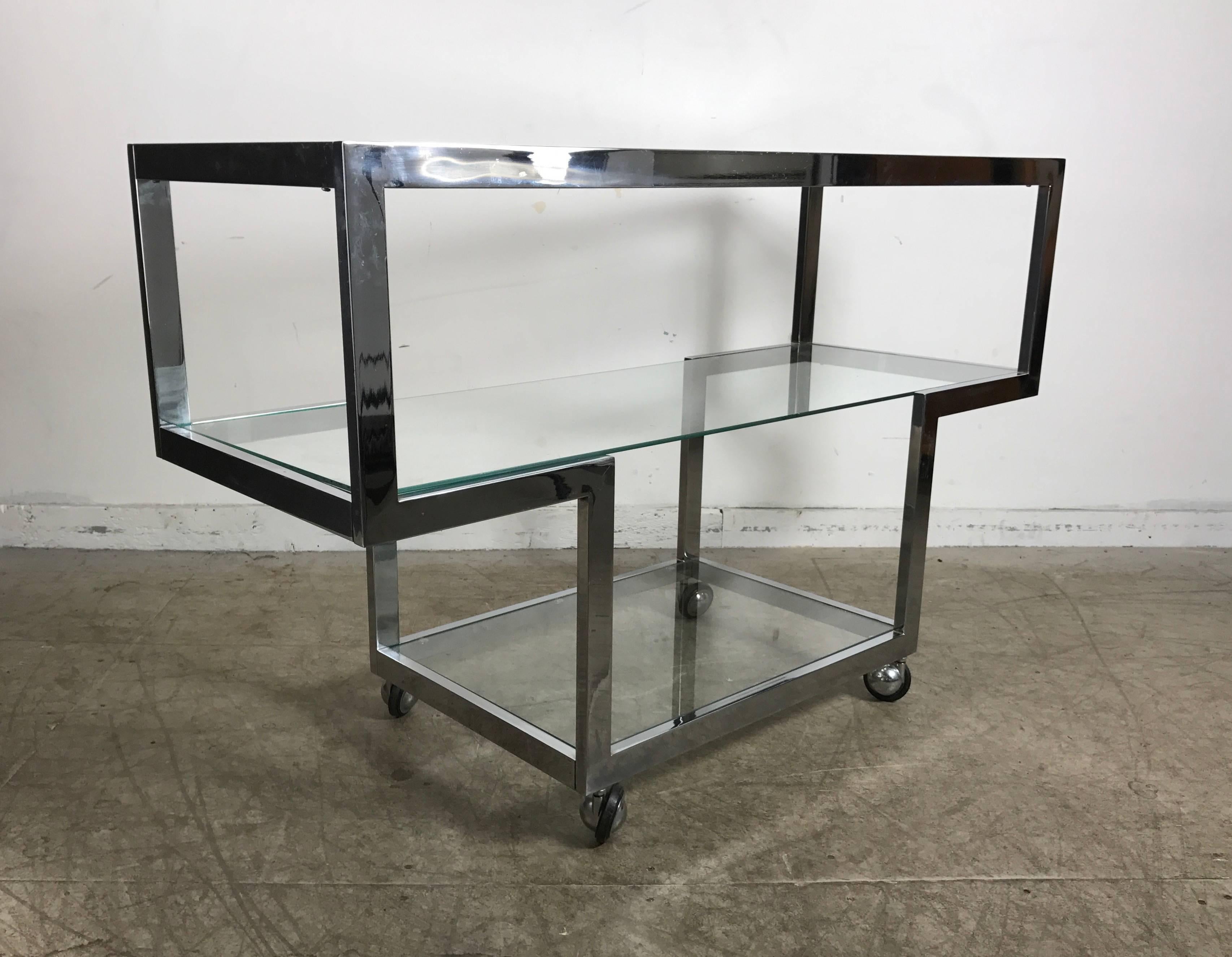 Mid-Century Modern Modernist Chrome and Glass Serving Cart, Bar /Console, Milo Baughman